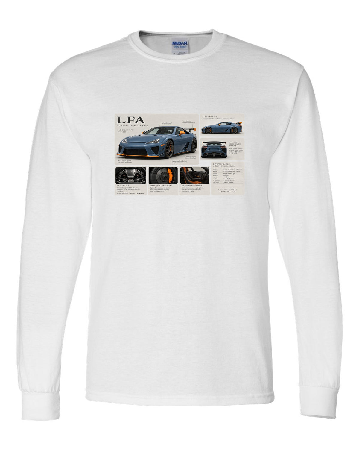 Dossier panel layout for the Lexus LFA Nurburgring Package with V10 notes white long sleeve front view with the design