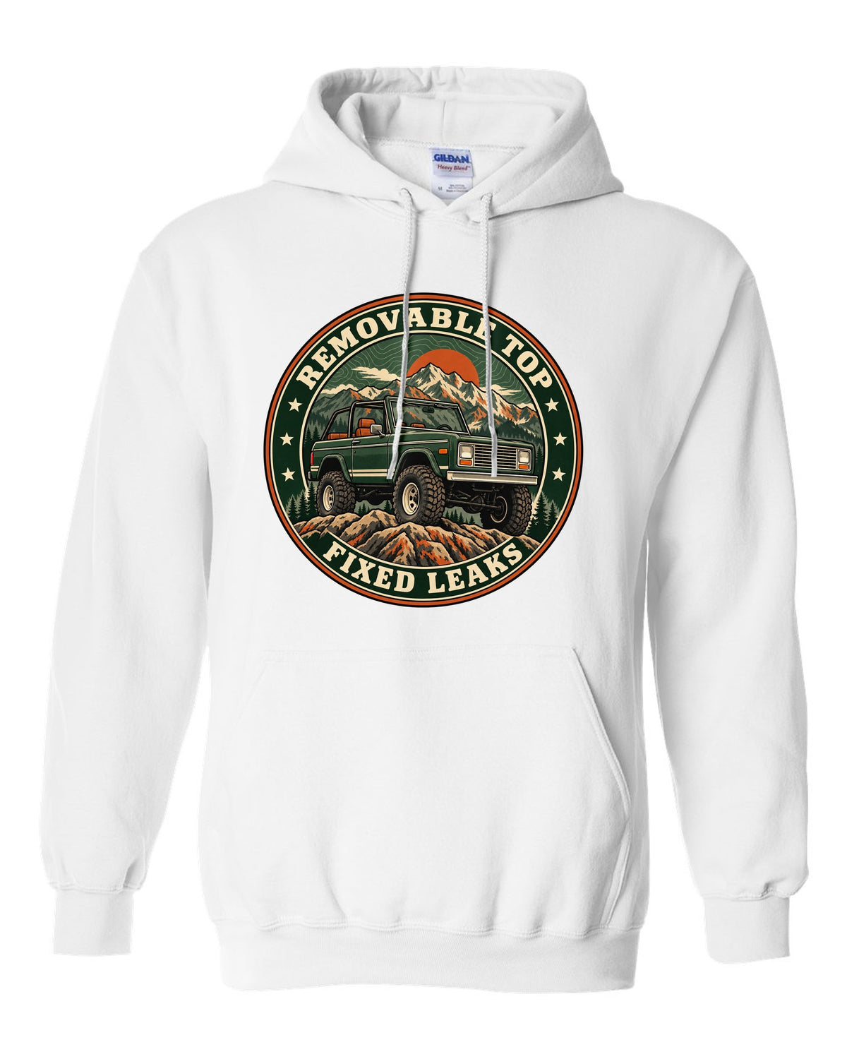 Topographic route map print for the 1973-91 Chevrolet K5 Blazer with removable top text white pull over hoodie front view with the design