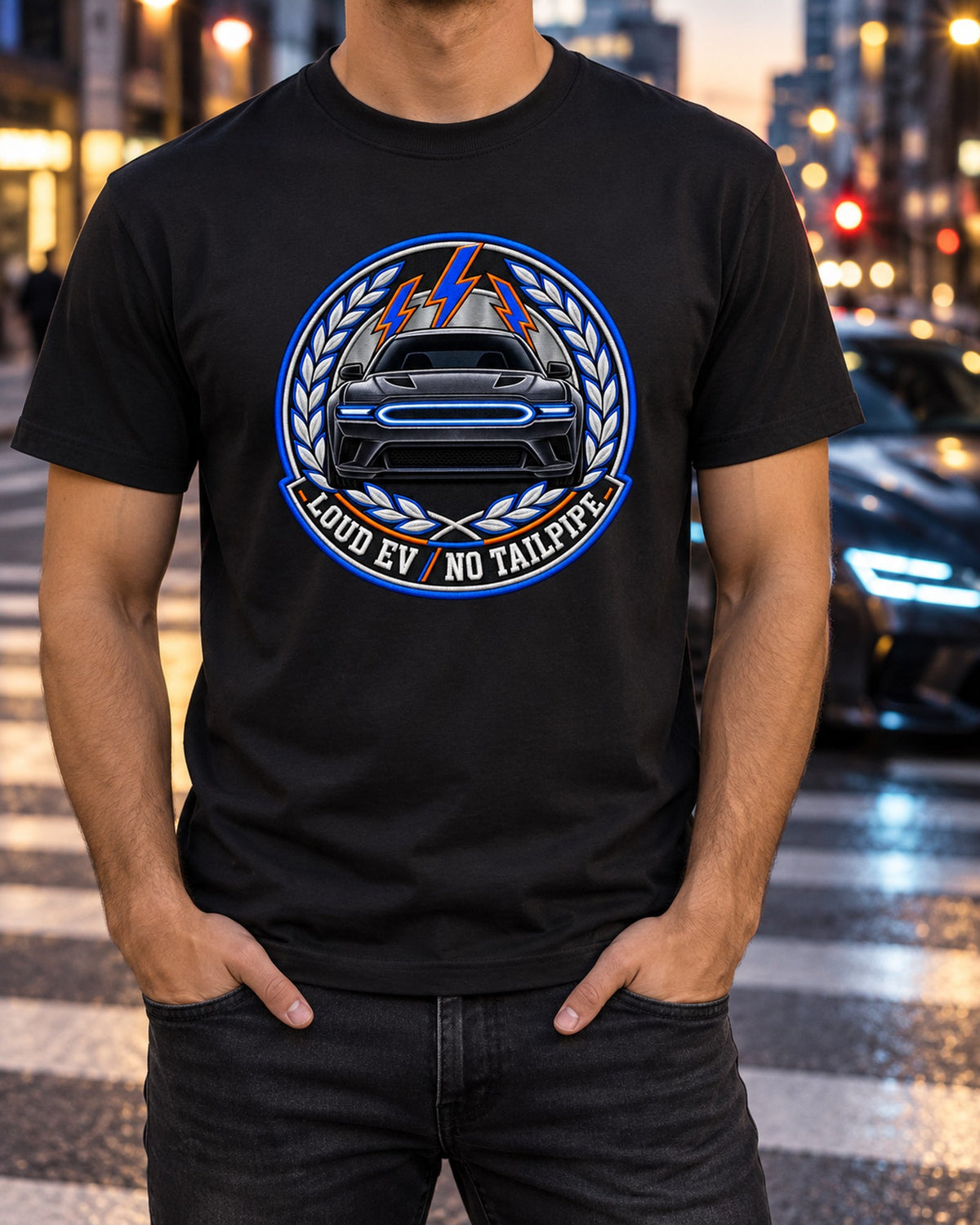 Charger Daytona EV Varsity Crest Tee, Loud EV No Tailpipe T-Shirt Black worn hero