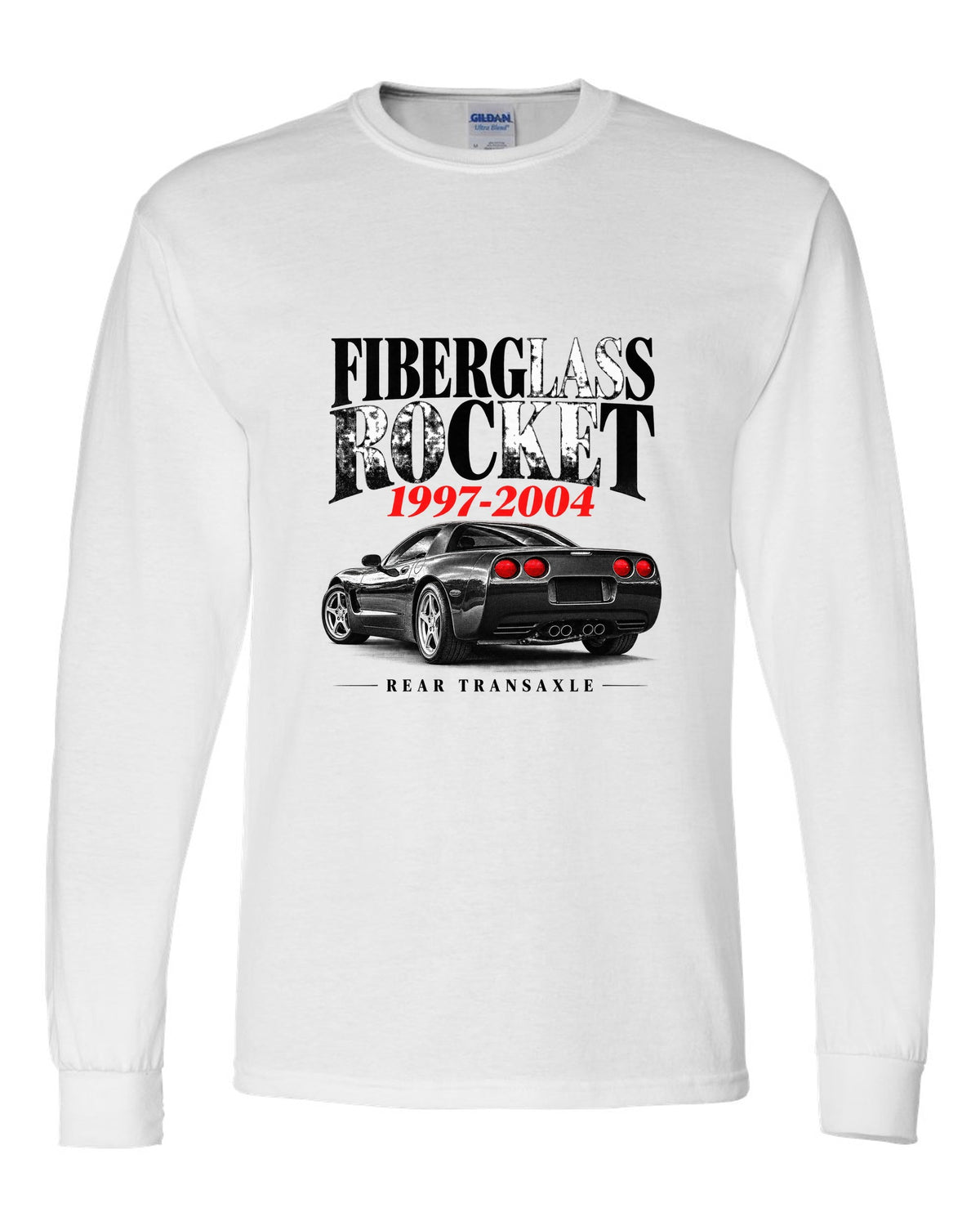Corvette C5 coupe editorial headline print with rear transaxle text white long sleeve front view with the design