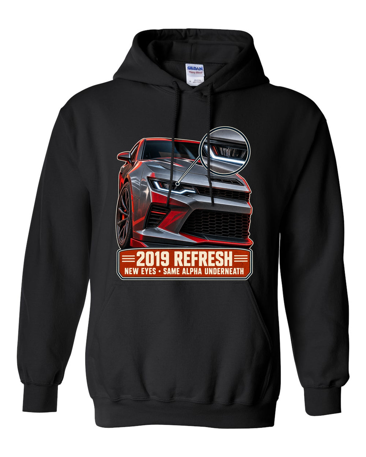 Macro detail print of a 2019 Chevrolet Camaro SS refresh black pull over hoodie front view with the design