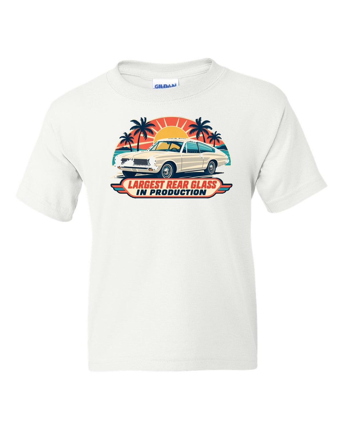 Mid-century travel poster print of a 1965 Plymouth Barracuda fastback white kids tee front view with the design