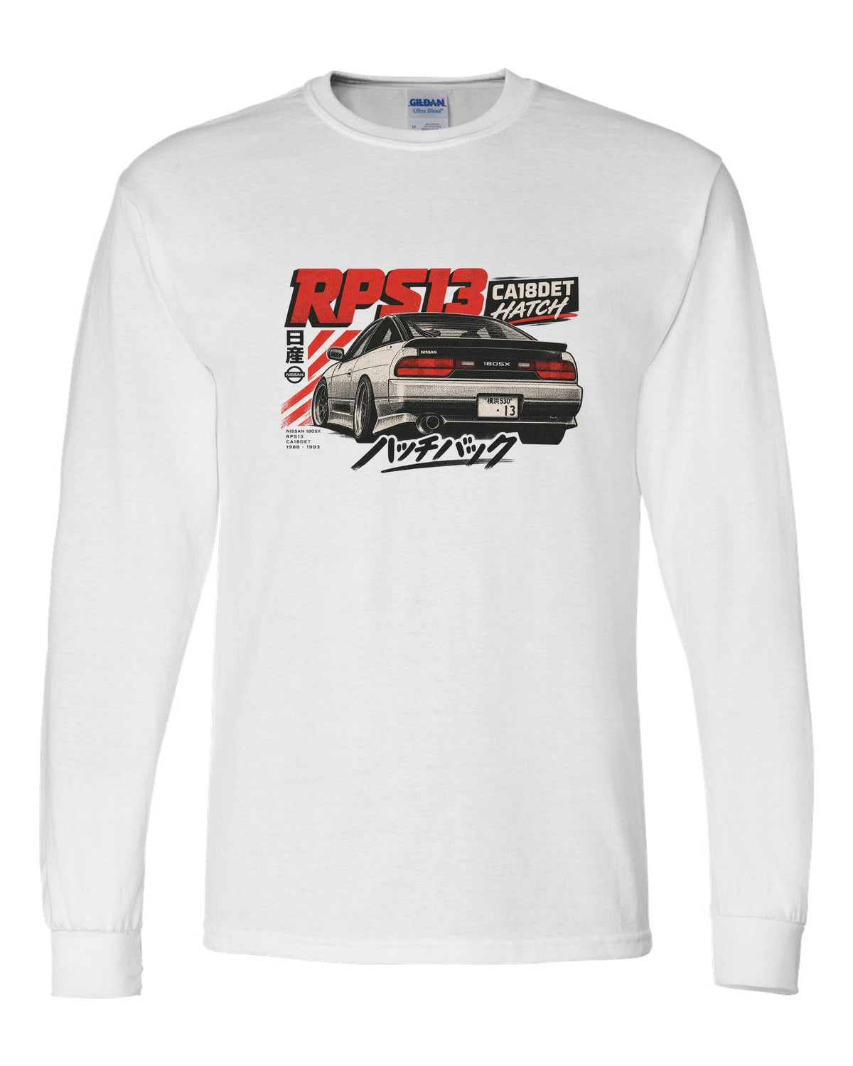 Risograph three-colour rear view print of a Nissan 180SX RPS13 ch with CA18DET text white long sleeve front view with the design