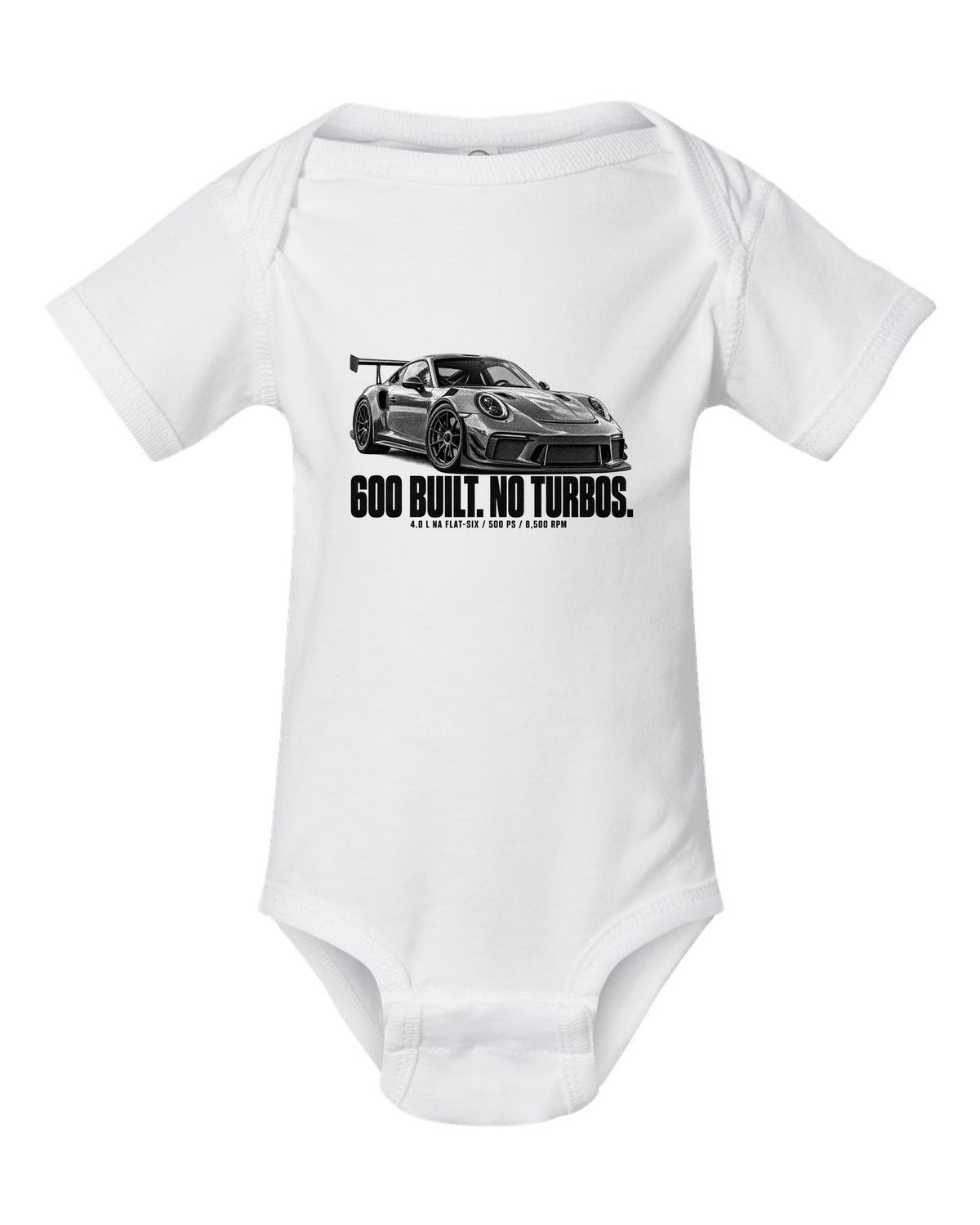 Halftone print of a Porsche 911 997 GT3 RS 4.0 with 600 built and 8,500 rpm lettering white baby onesie front view with the design