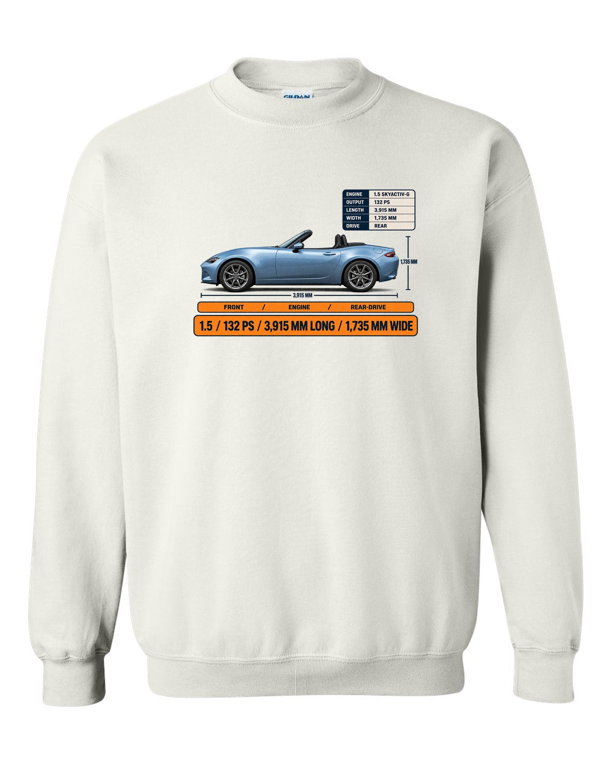 Mazda MX-5 ND 1.5 SKYACTIV-G spec poster print showing power and dimensions white crewneck front view with the design