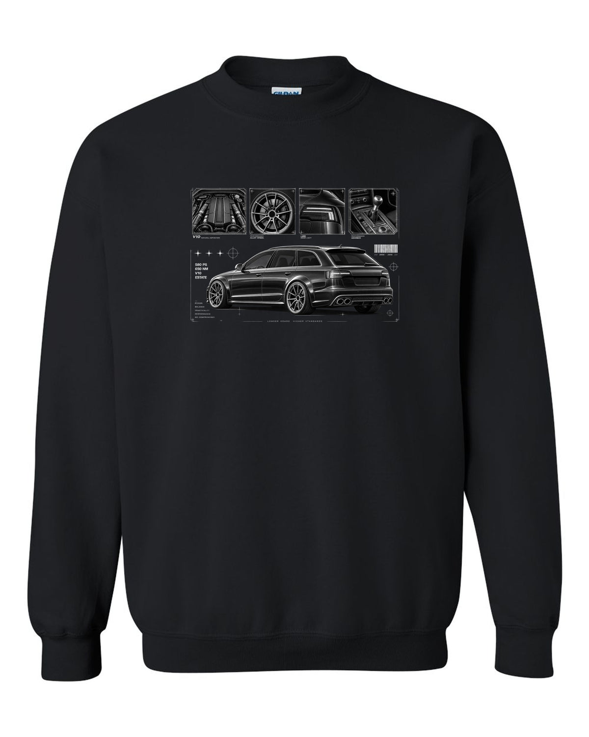 Audi RS6 Avant C6 4F Dossier Panels black crewneck front view with the design