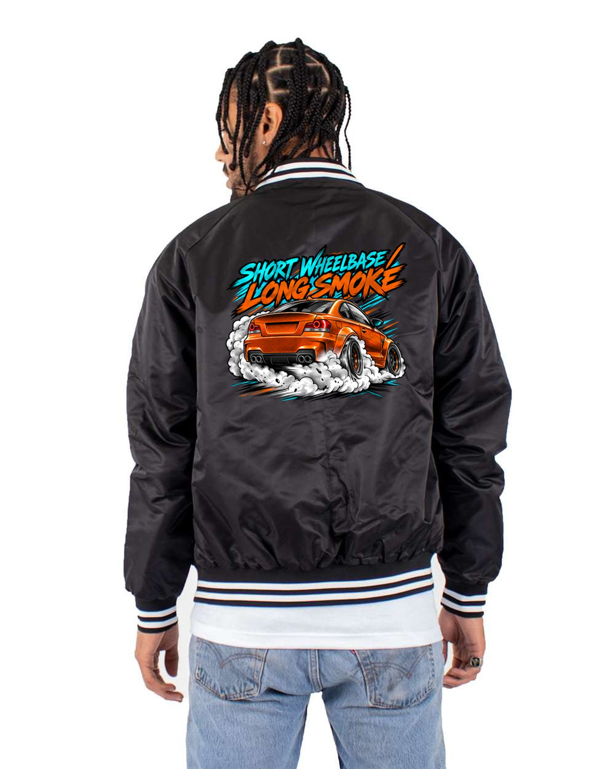 Retro Manga Halftone Shirt, BMW 1 Series M Coupe E82 Burnout Bomber Jacket Black back