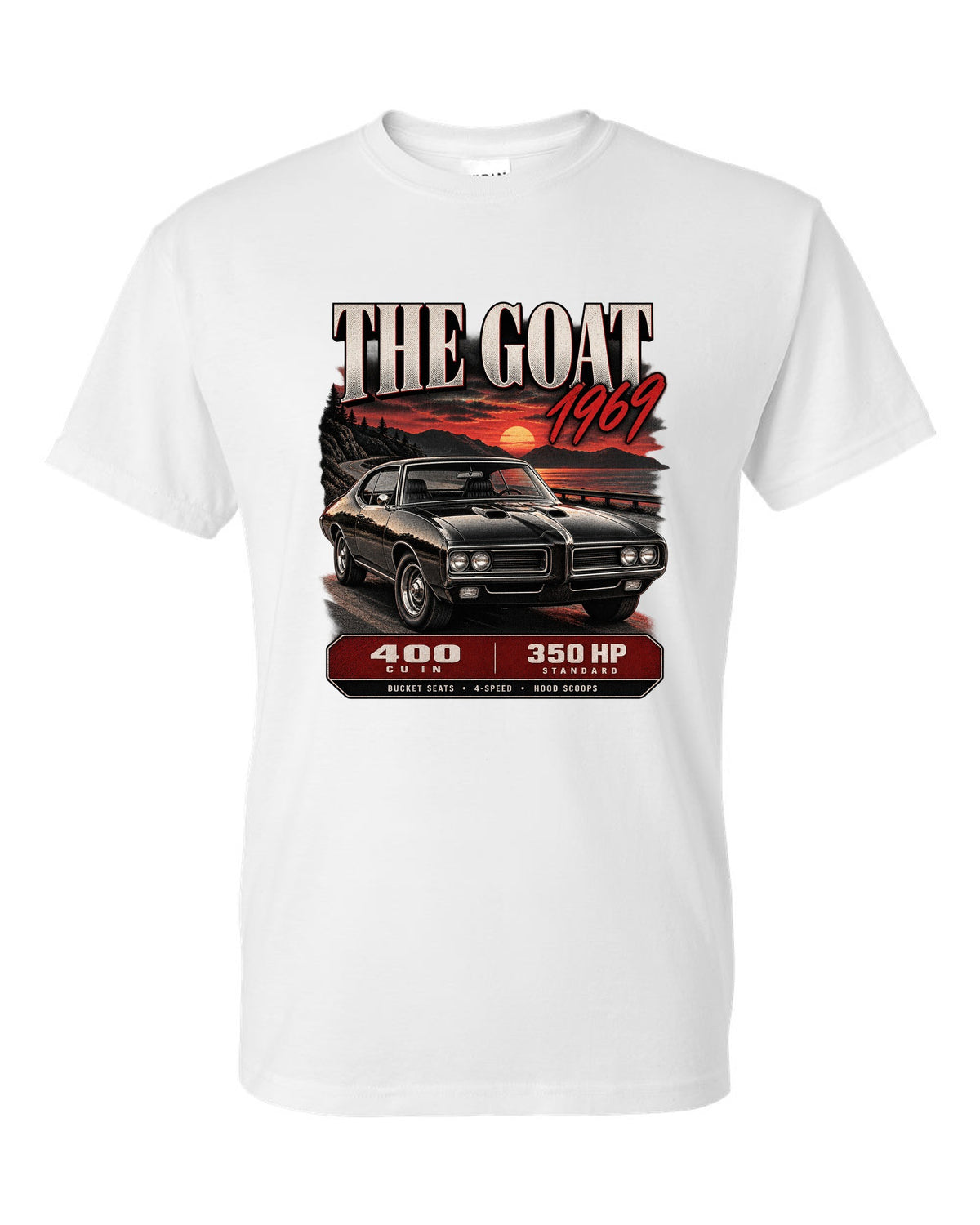 1969 Pontiac GTO archive panel print with 400 cu in spec callouts white t-shirt front view with the design