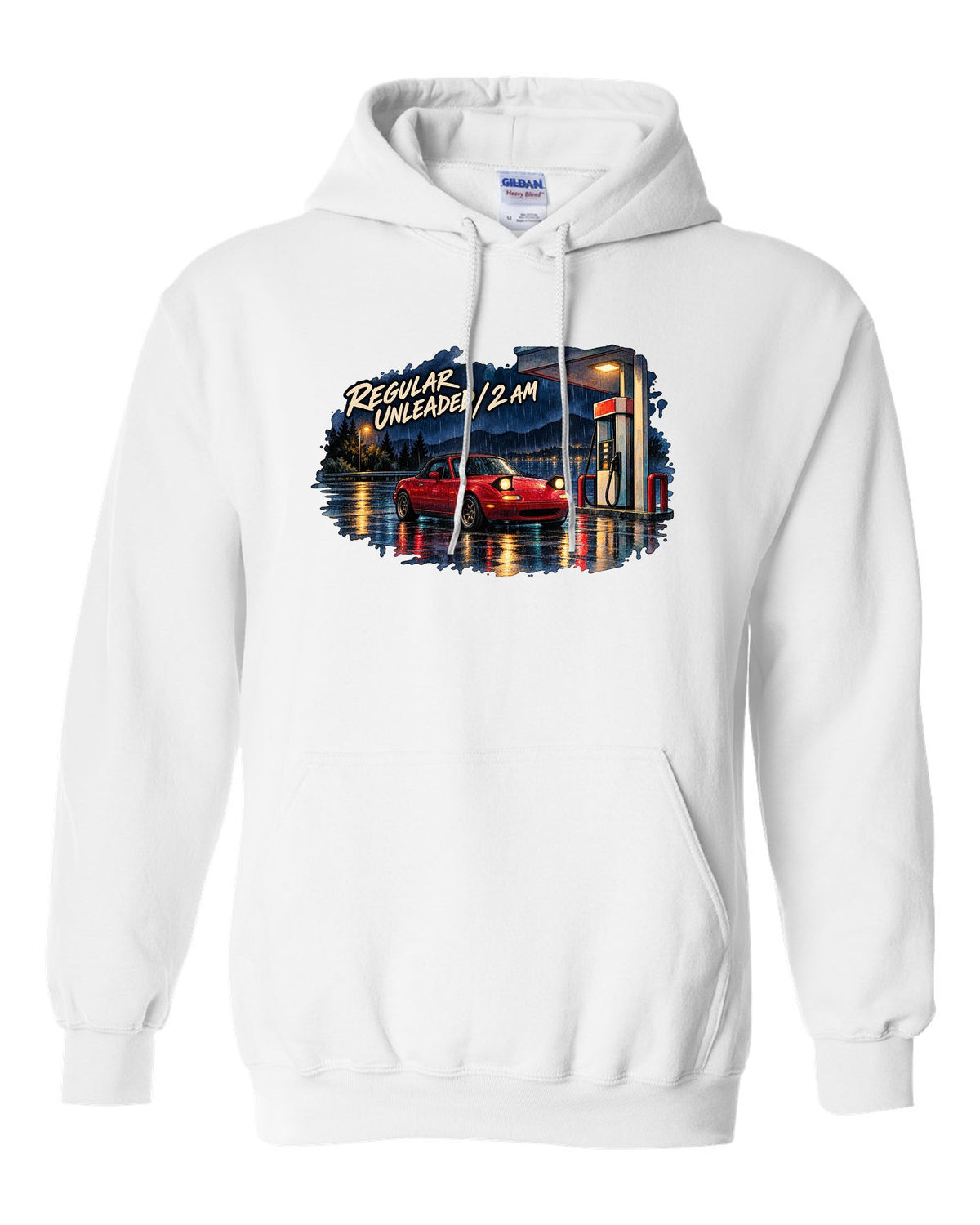 Watercolour wet-road night scene of a Mazda MX-5 NA at a fuel stop white pull over hoodie front view with the design