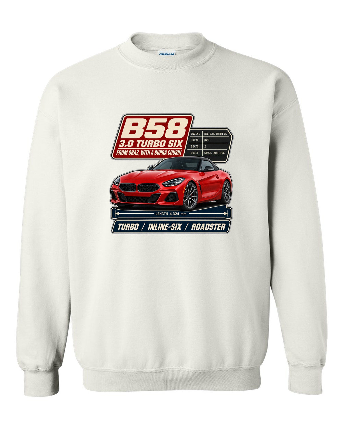 Spec poster print of the BMW Z4 M40i with B58 3.0 turbo six notes white crewneck front view with the design