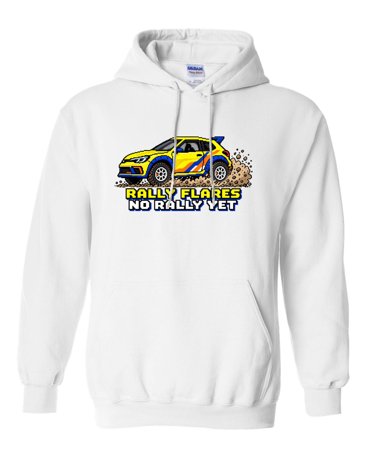 Rivian R3X 16-bit pixel art gravel slide print with the text rally flares no rally yet white pull over hoodie front view with the design