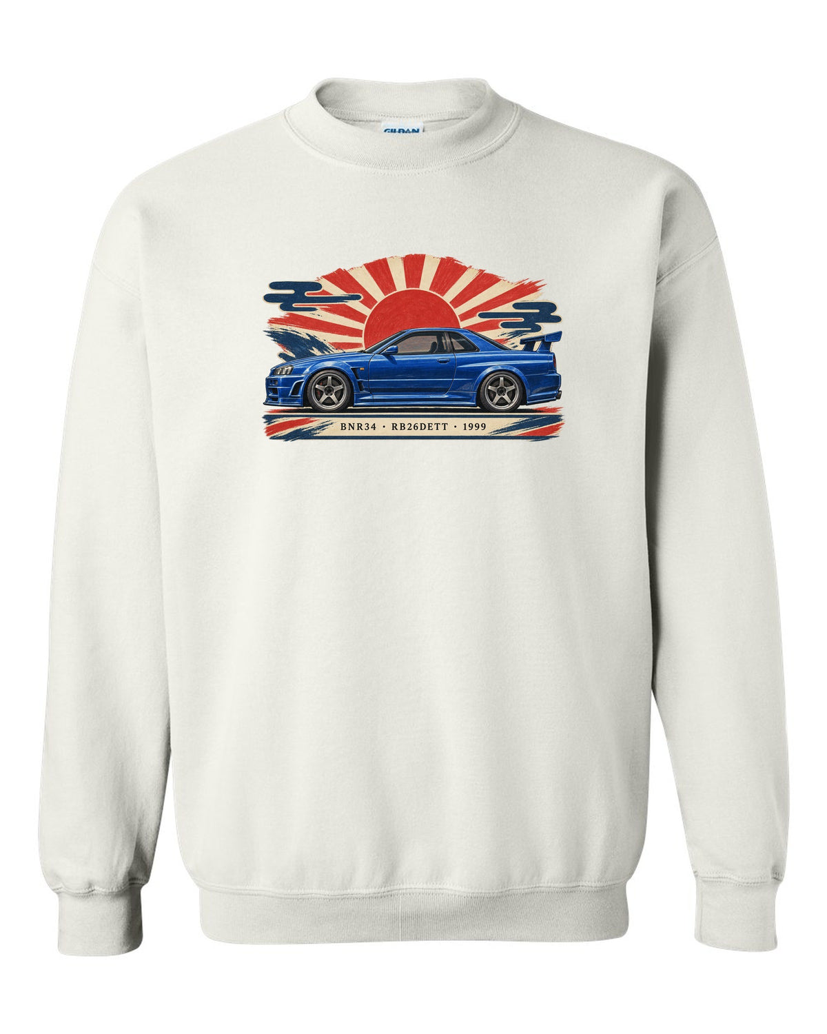Retro Japanese Showa catalogue ad style print of a 1999 Nissan Skyline GT-R BNR34 with RB26DETT lettering white crewneck front view with the design
