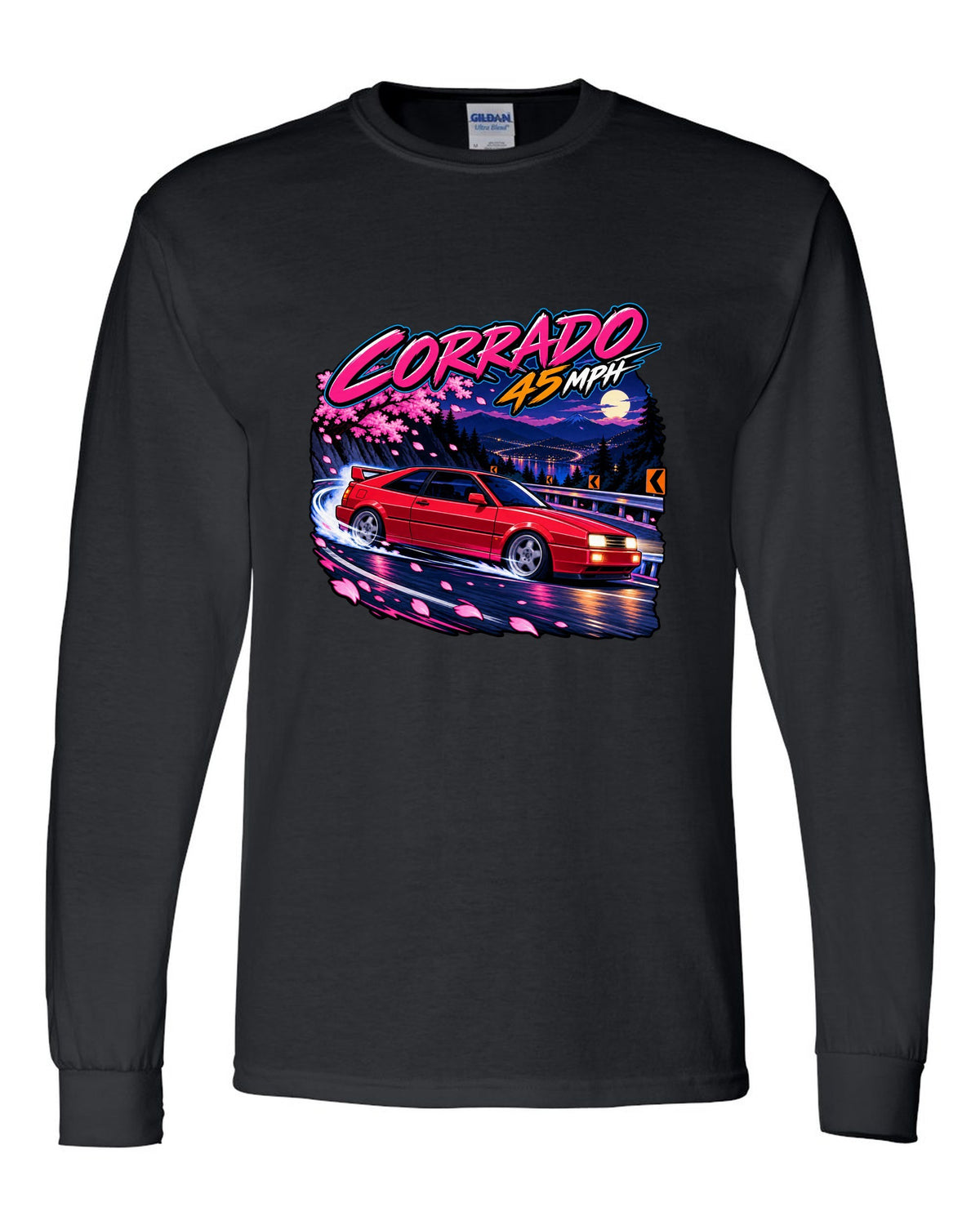 Cel-shaded anime night touge hairpin scene of a VW Corrado VR6 with Corrado 45 mph text black long sleeve front view with the design