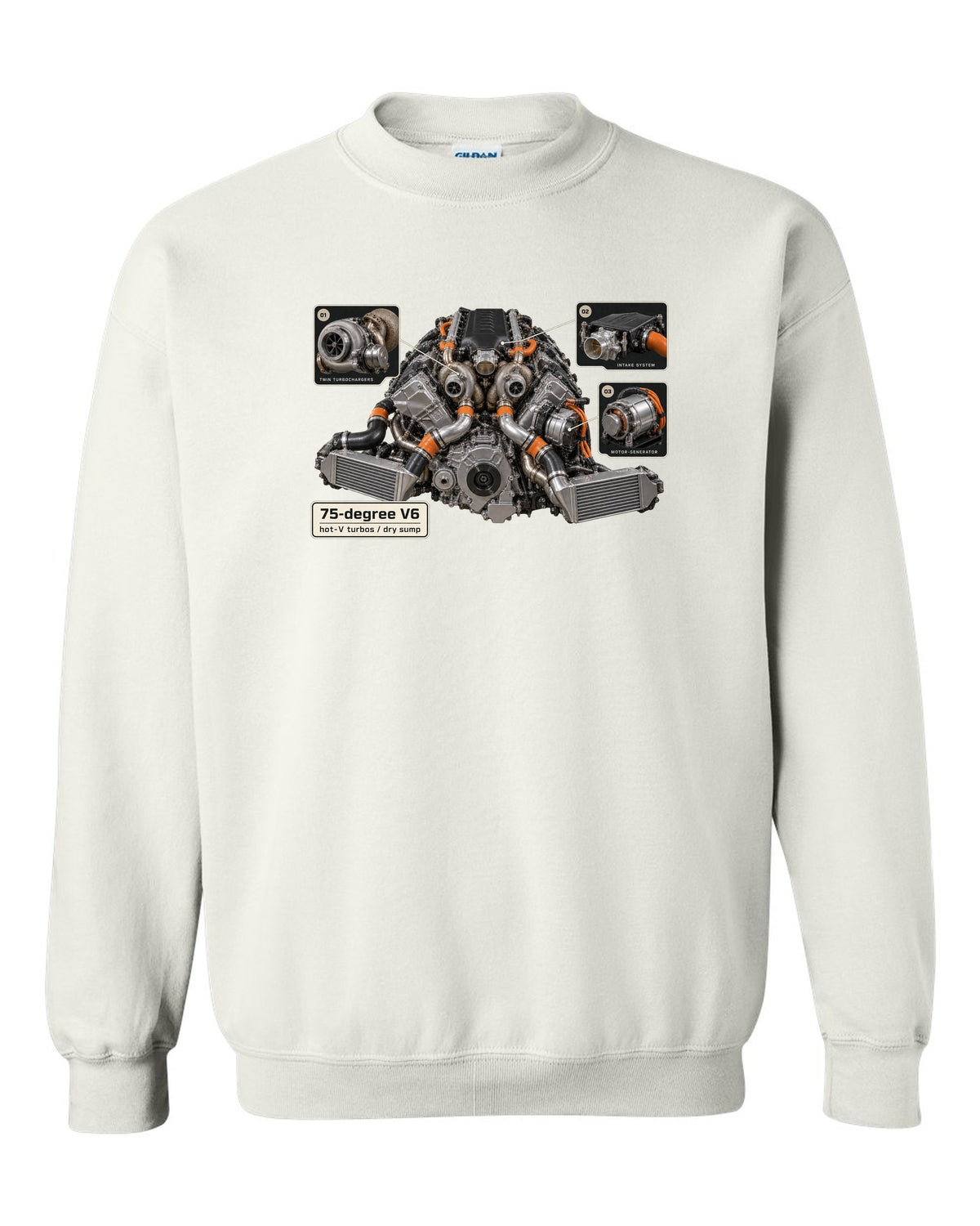 Engine bay print of an Acura NSX NC1 3.5L twin-turbo V6 white crewneck front view with the design