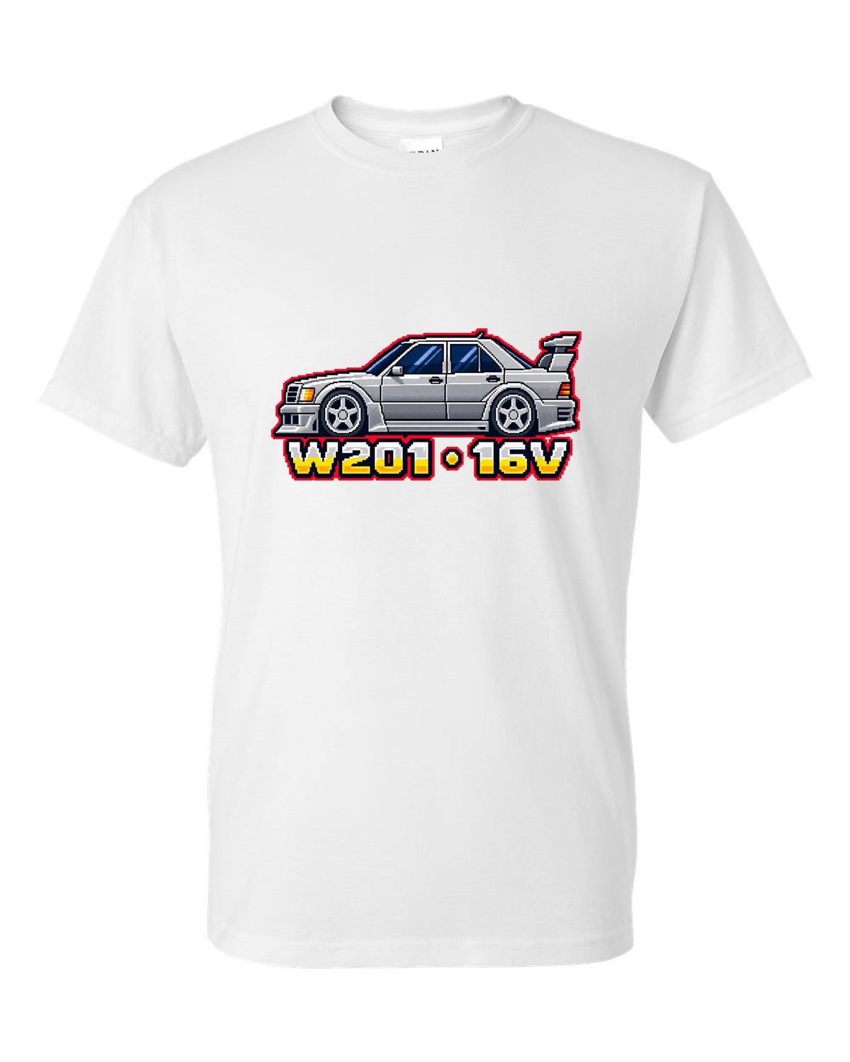 Mercedes 190E Evo II W201 16-Bit Pixel Art Tee, Car white t-shirt front view with the design