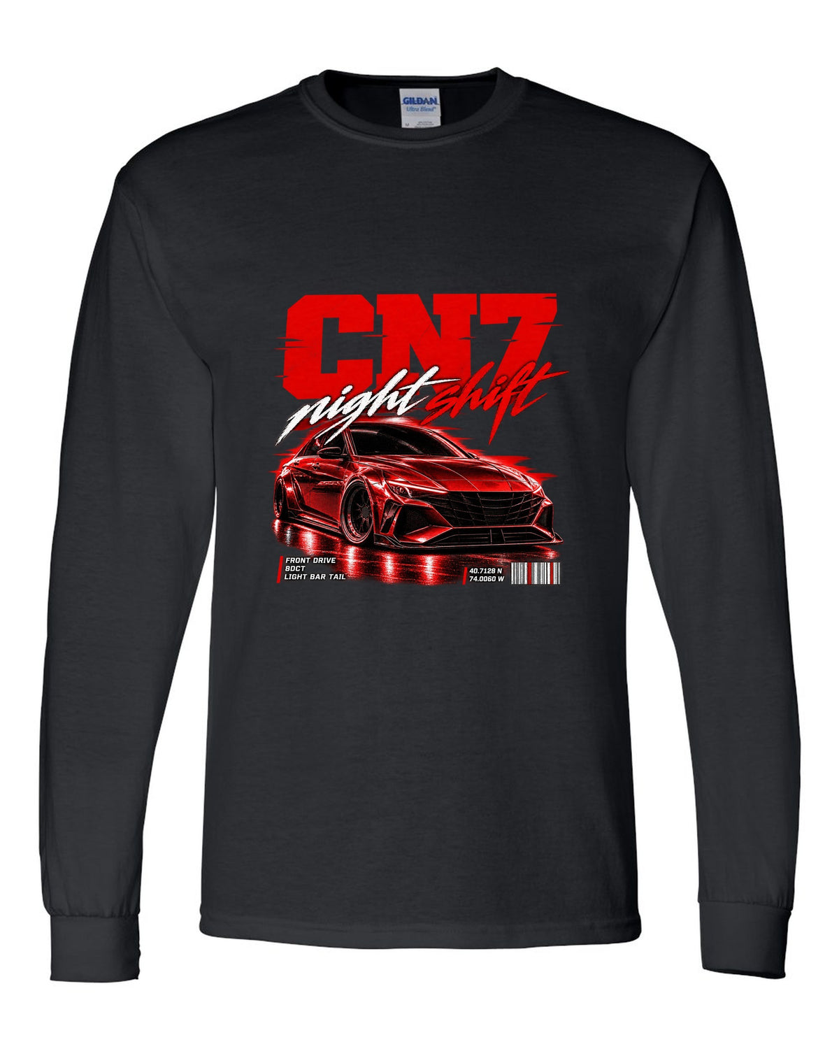 Hyundai Elantra N CN7 street poster print with night shift text and coordinates black long sleeve front view with the design