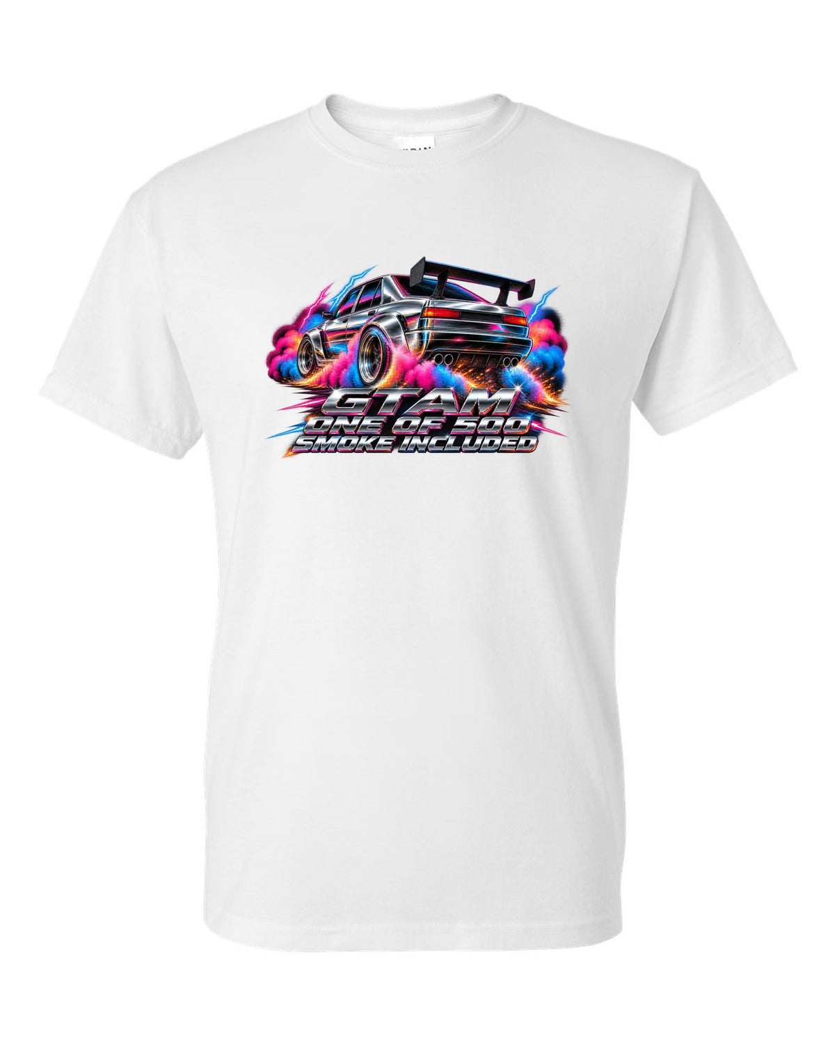 80s airbrush chrome style Alfa Romeo Giulia GTAm with one of 500 smoke included text white t-shirt front view with the design