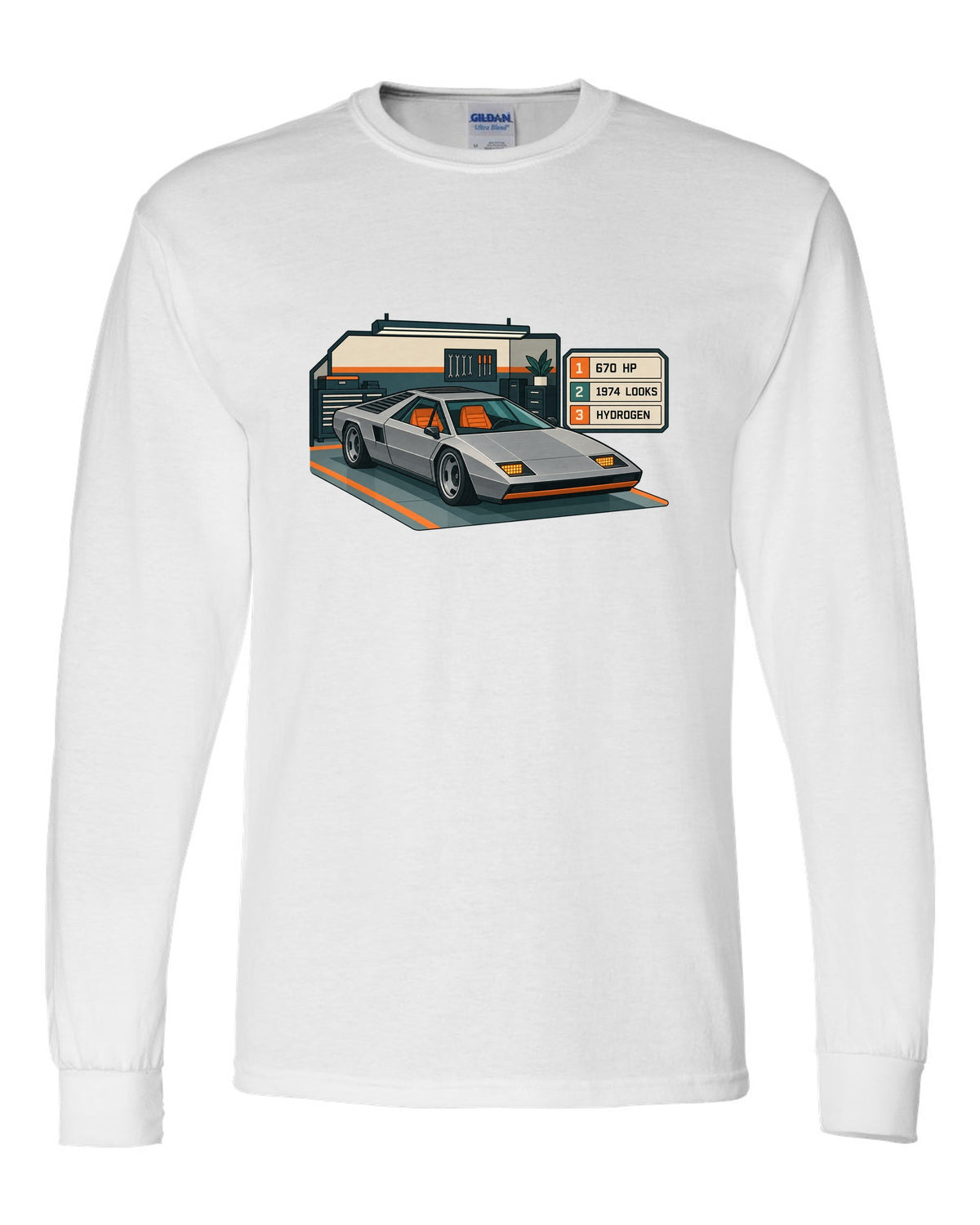 Hyundai N Vision 74 concept spec-sheet data plate print with 670 HP and hydrogen text white long sleeve front view with the design