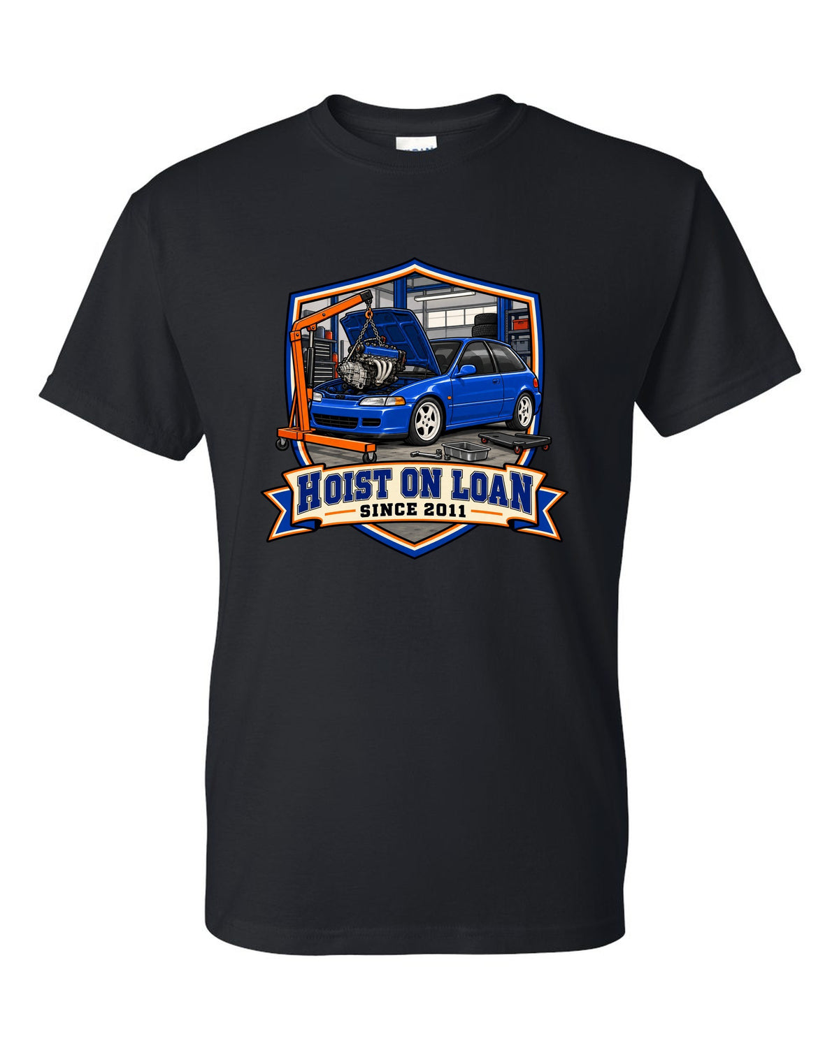 Embroidery patch style print of a 1992 Honda Civic EG6 ch with hoist on loan since 2011 text black t-shirt front view with the design