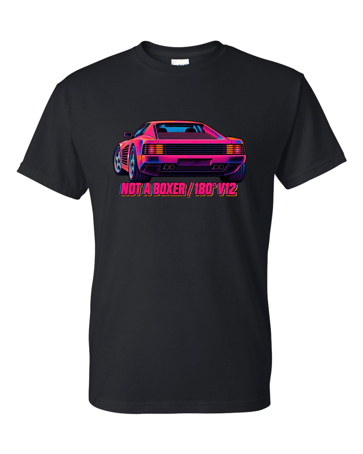 Neon-lit risograph print of the Ferrari Testarossa F110 with the text not a boxer, 180 degree V12 black t-shirt front view with the design