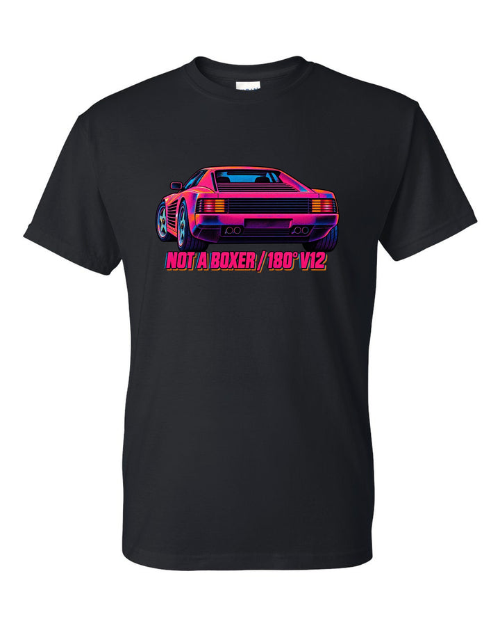 Neon-lit risograph print of the Ferrari Testarossa F110 with the text not a boxer, 180 degree V12 black t-shirt front view with the design