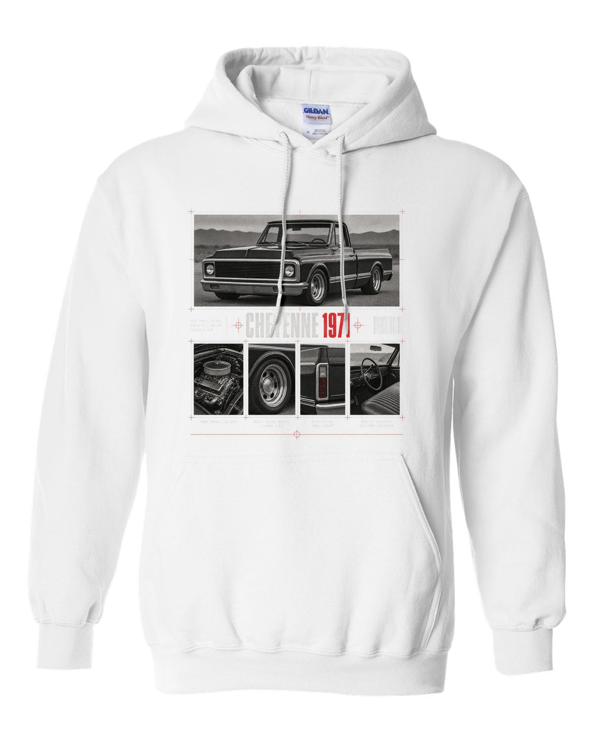 Dossier panel print of a 1971 Chevrolet C10 Cheyenne with 350 small block text white pull over hoodie front view with the design