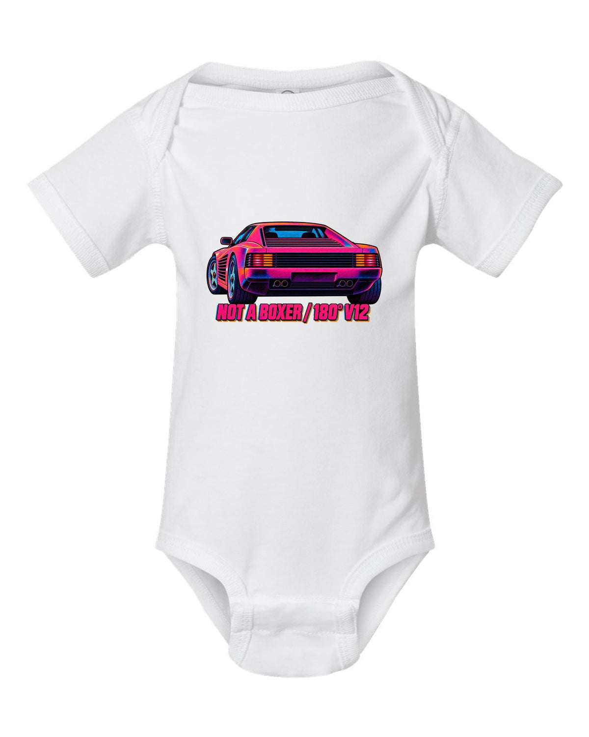 Neon-lit risograph print of the Ferrari Testarossa F110 with the text not a boxer, 180 degree V12 white baby onesie front view with the design
