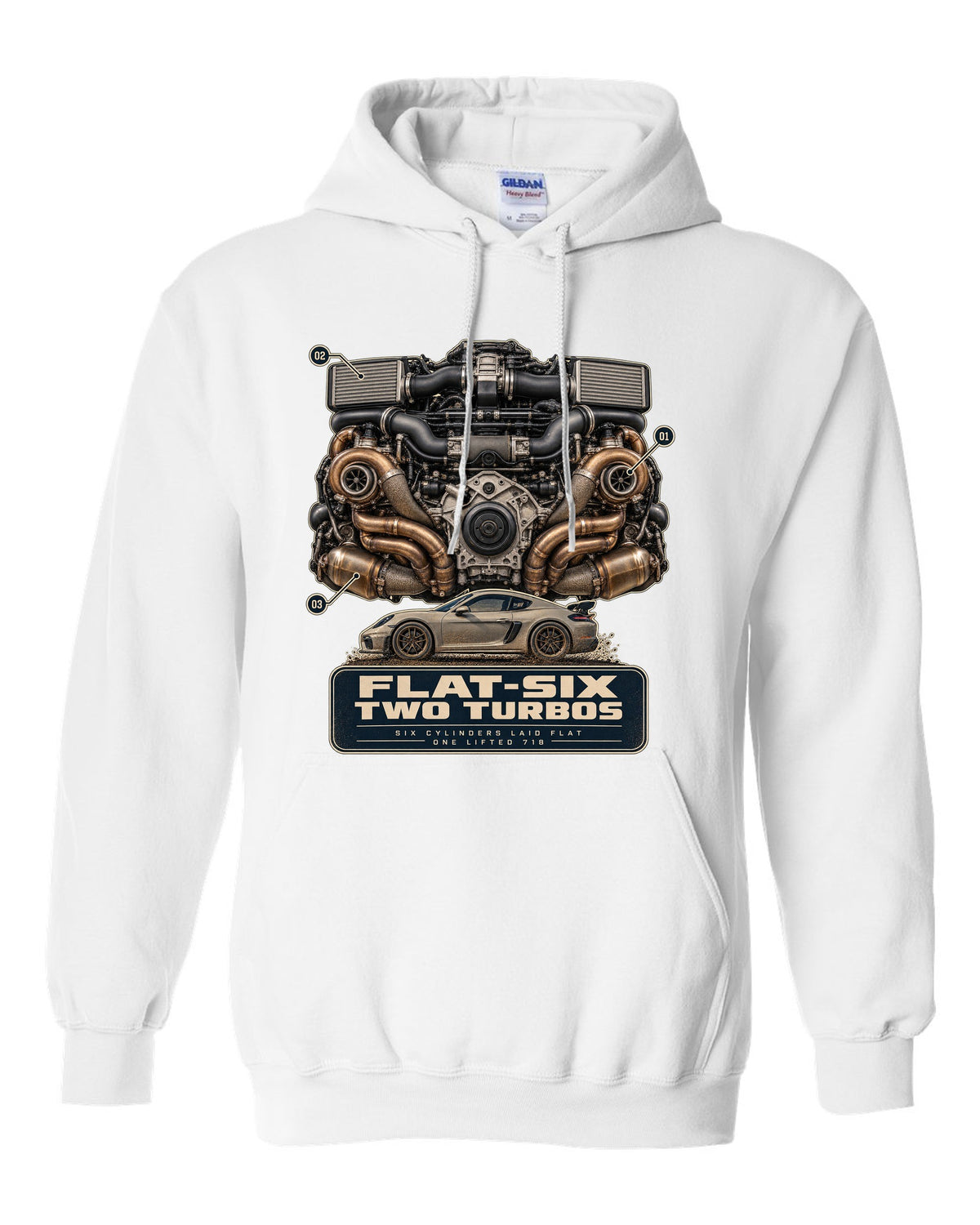 Engine hero print of a Porsche 911 Dakar 992 flat-six with two turbos white pull over hoodie front view with the design