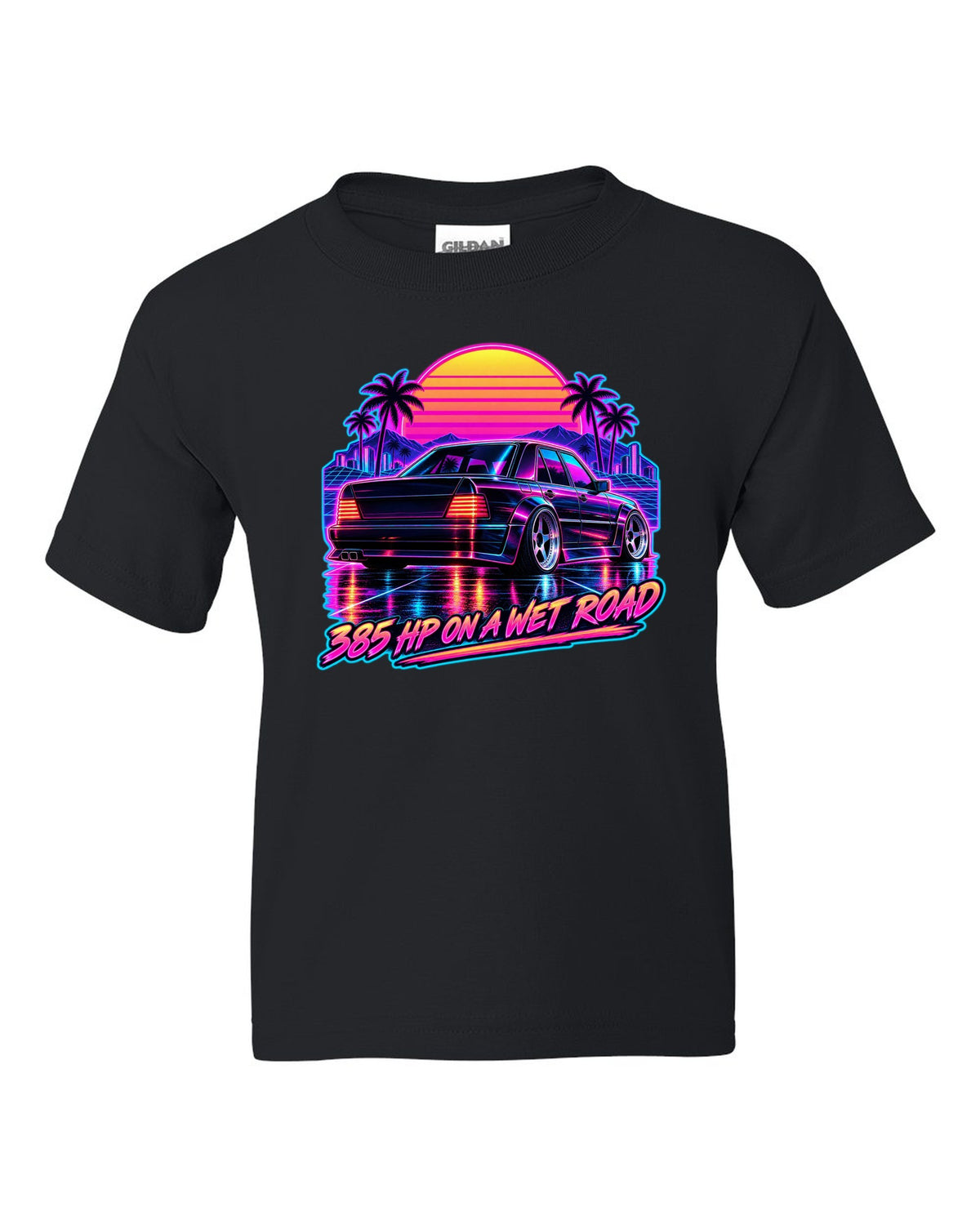 Synthwave outrun print of Mercedes 300E Hammer W124 taillights on a wet road black kids tee front view with the design
