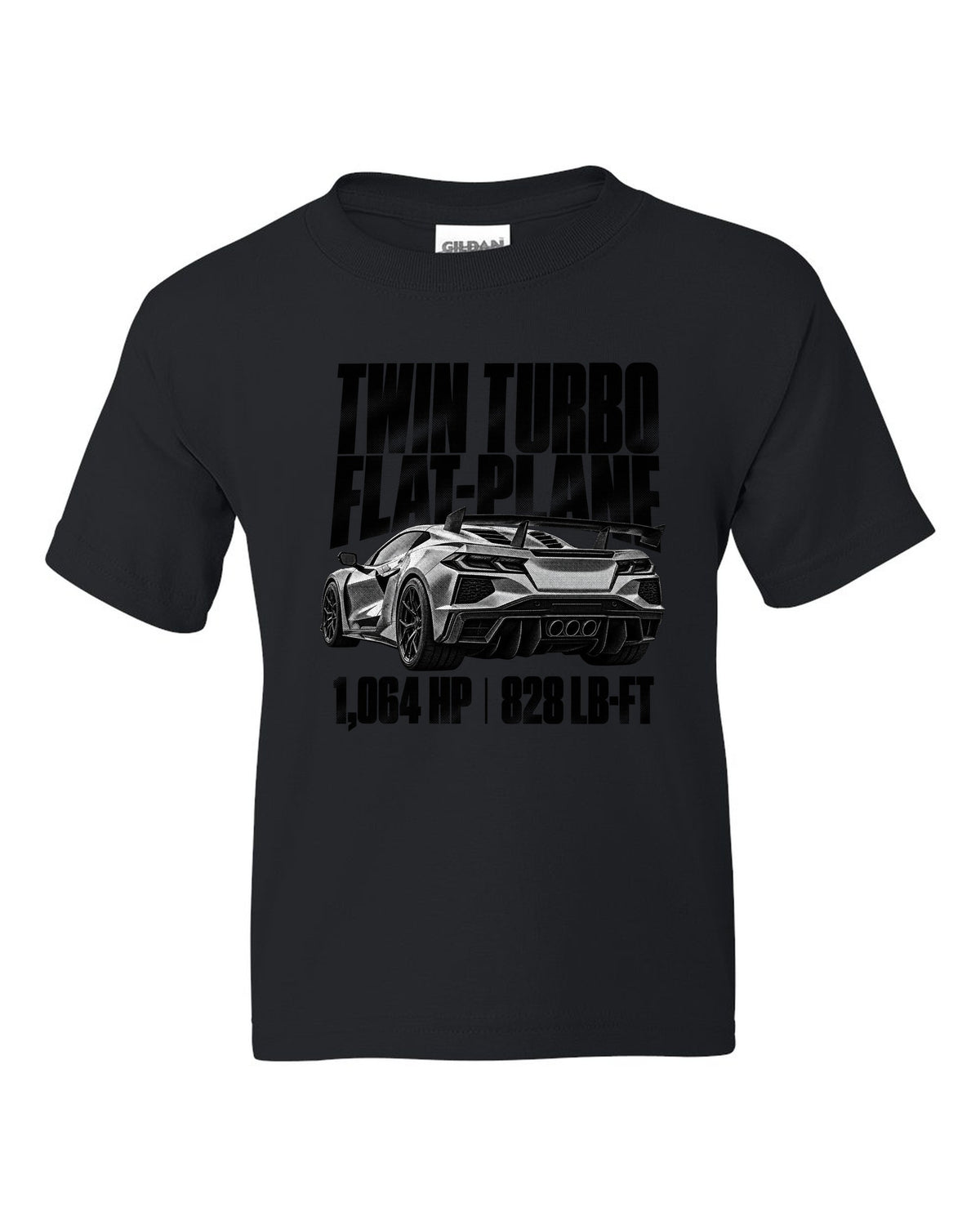 Corvette C8 ZR1 2025 hood vents and rear wing in halftone black kids tee front view with the design