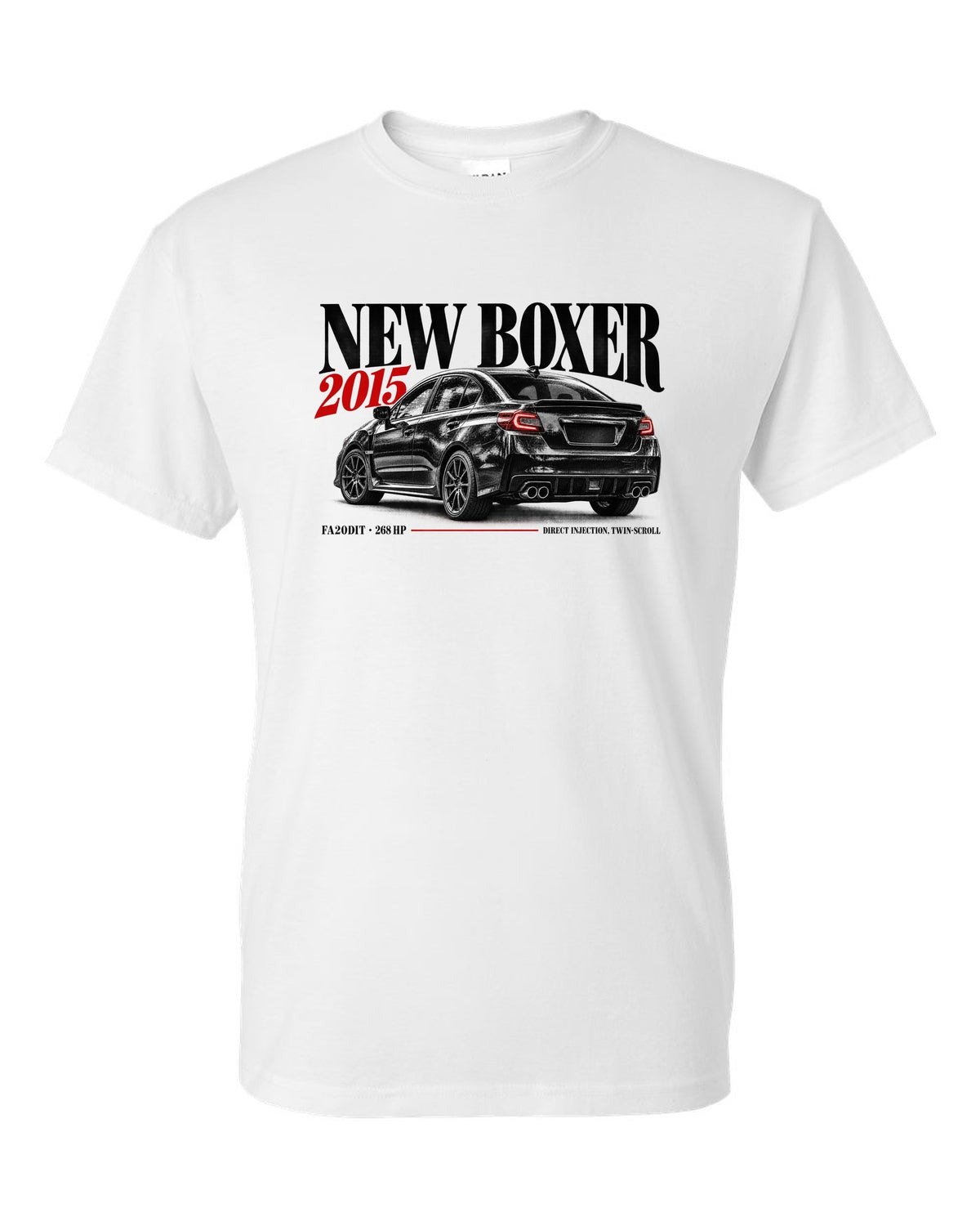 Editorial headline print for the Subaru WRX VA saloon reading New Boxer, 2015, FA20DIT, 268 HP white t-shirt front view with the design