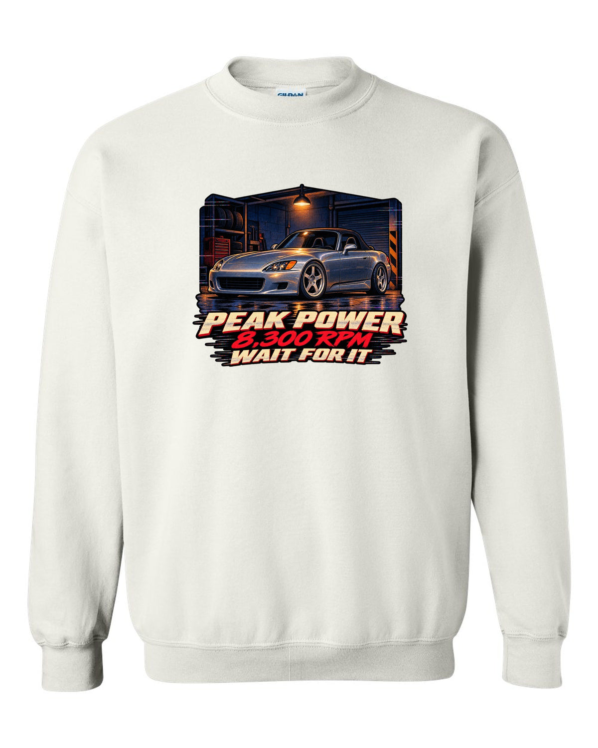 Lo-fi VHS cover style print of a Honda S2000 AP1 with 8,300 RPM wait for it text white crewneck front view with the design