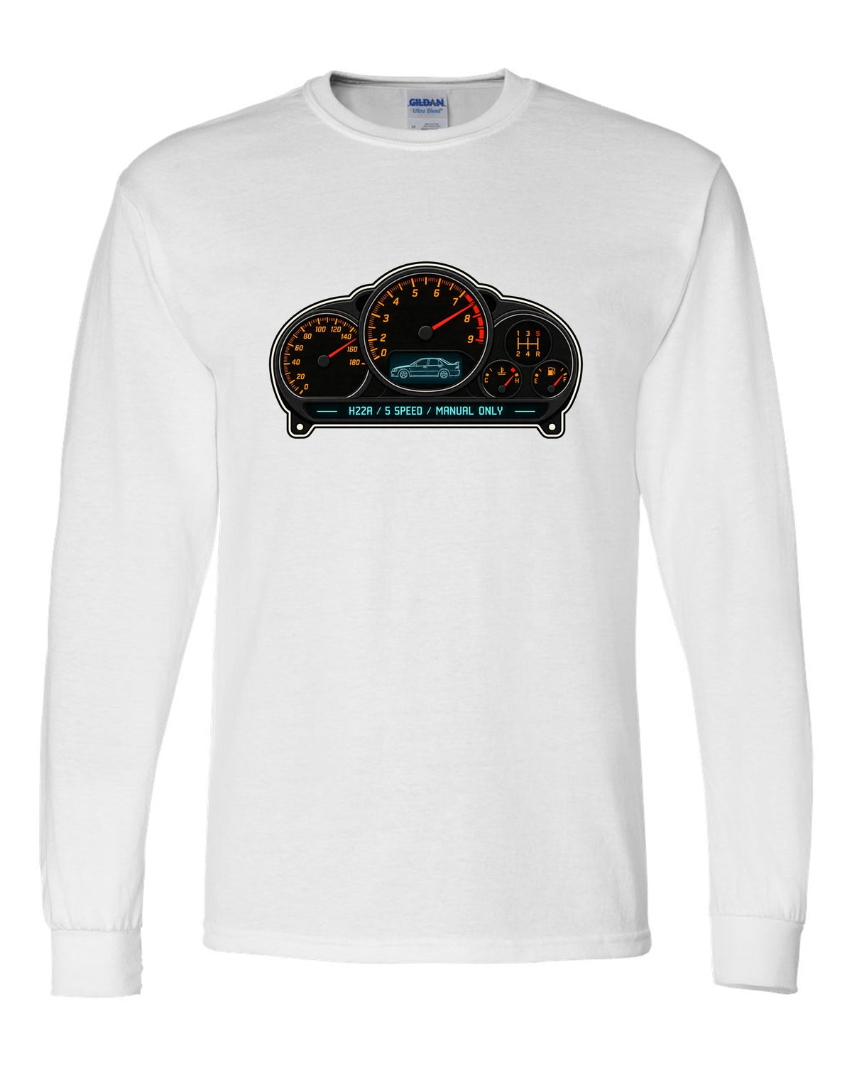 Gauge-cluster HUD design for the Honda Accord Euro R CL1 with H22A text white long sleeve front view with the design