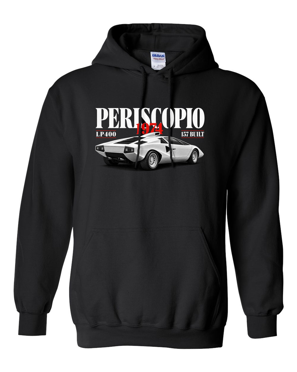 Editorial print of a Lamborghini Countach LP400 with periscopio and 157 built text black pull over hoodie front view with the design