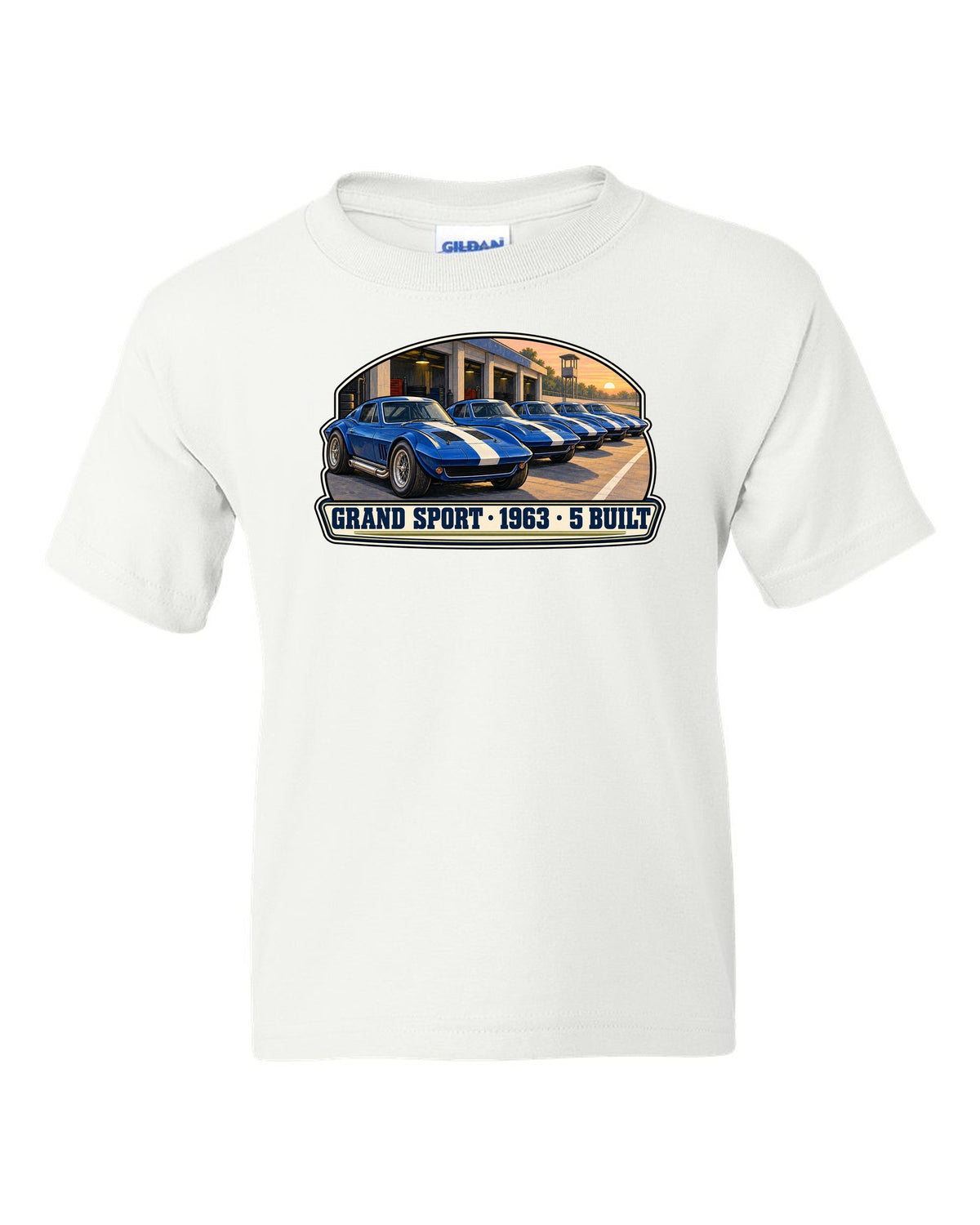 Isometric vector print of a 2014 Chevrolet Corvette C7 Stingray highlighting the fender gill vent white kids tee front view with the design
