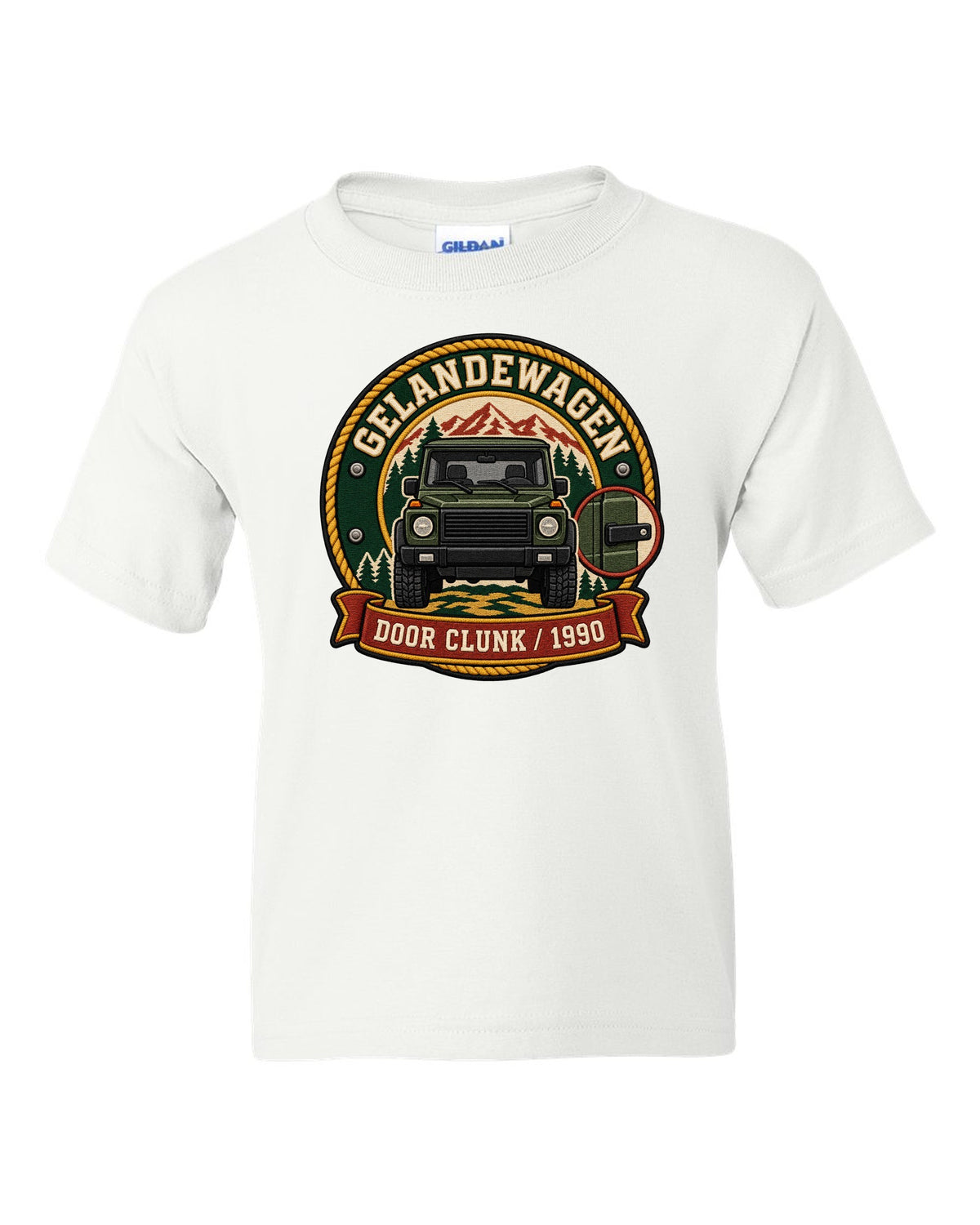 Embroidery-style shield crest graphic reading Door Clunk 1990 for a Mercedes G-Class W463, print white kids tee front view with the design