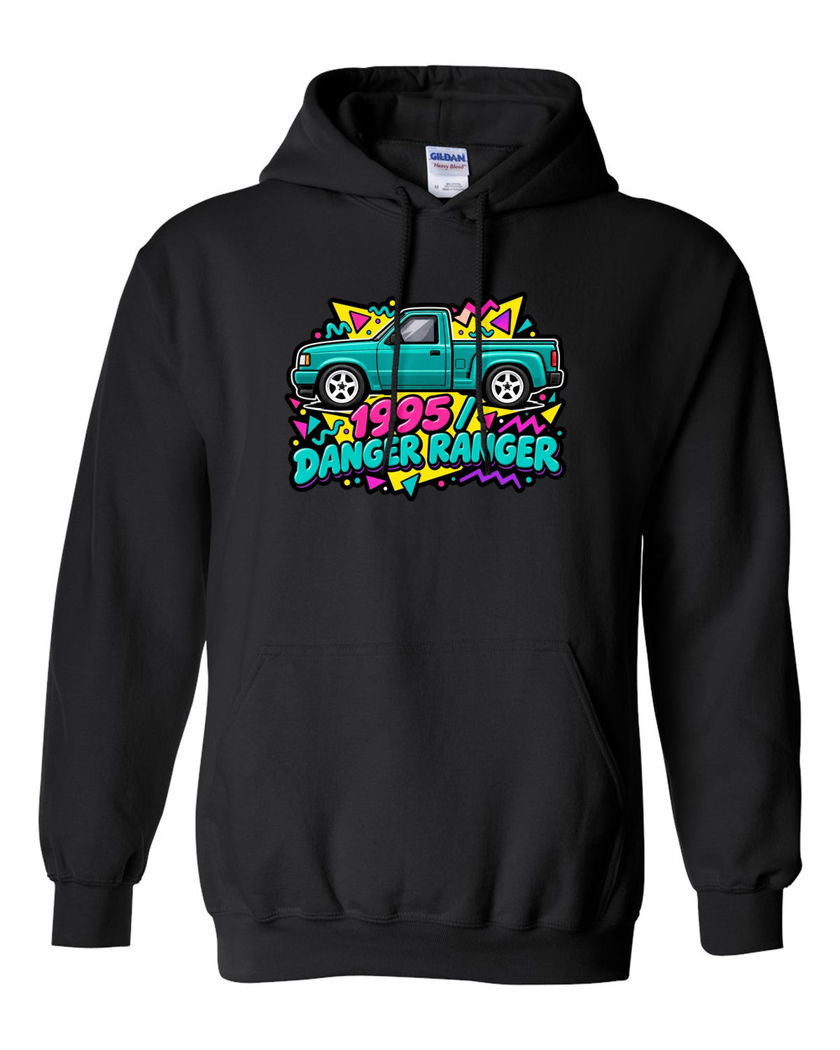 Ford Ranger 1995 stepside in a 90s Memphis sticker pack print black pull over hoodie front view with the design