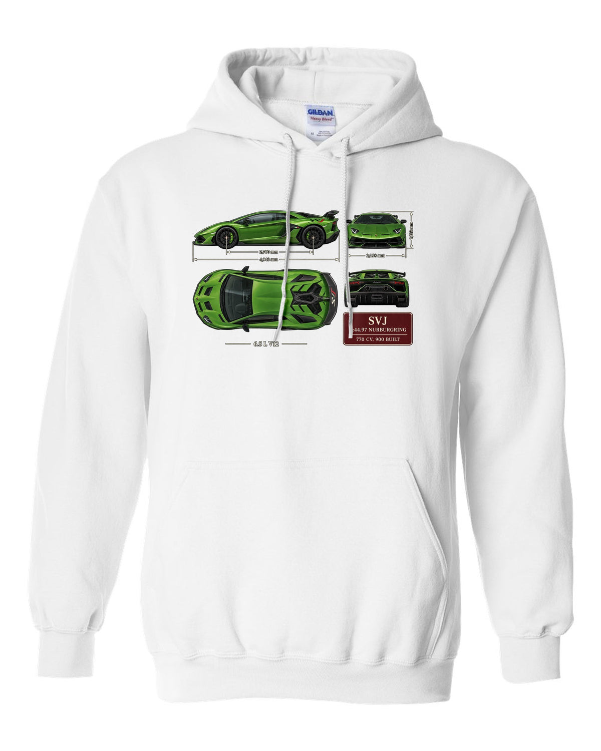 Dimension blueprint print of the Lamborghini Aventador SVJ with Nurburgring lap time white pull over hoodie front view with the design