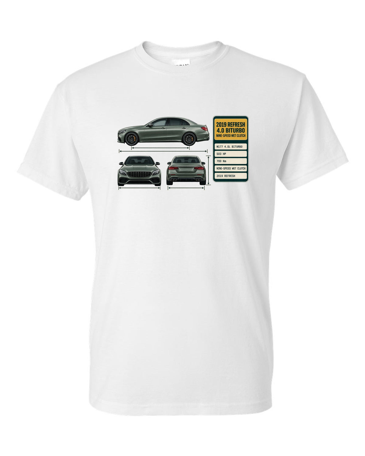 Spec poster print of a Mercedes-AMG C63 S W205 facelift sedan white t-shirt front view with the design