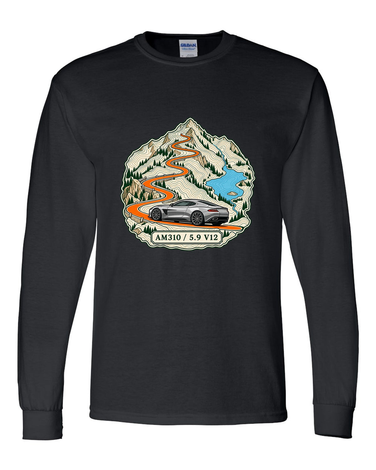 Topographic ridge route map print for the 2012 Aston Martin Vanquish AM310 with 5.9 V12 lettering black long sleeve front view with the design