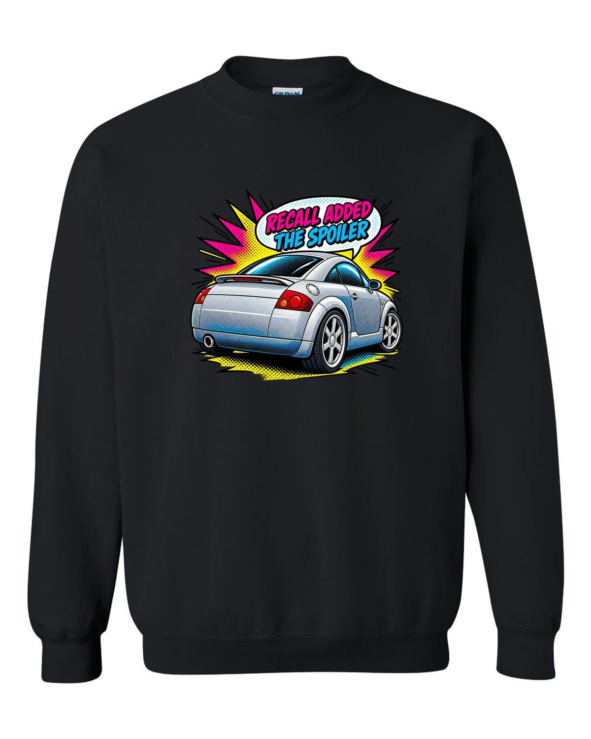 Comic halftone pop art print of an Audi TT Coupe 8N with spoiler recall caption black crewneck front view with the design
