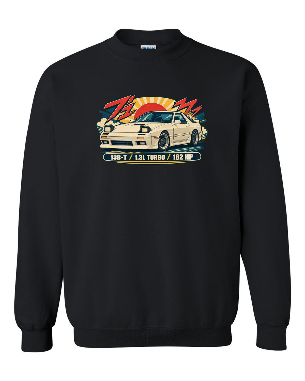 Risograph style overhead print of a Mazda MX-5 ND with the text ND 50:50 black crewneck front view with the design
