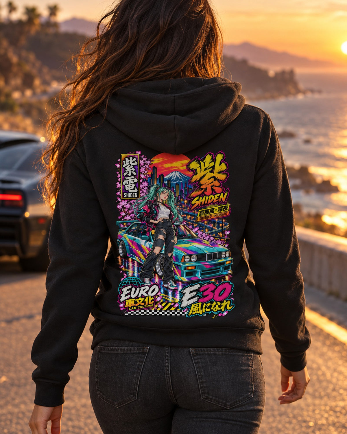 SHIDEN E30 Anime Girl Full-Back Graphic Tee Zip Hoodie Black worn hero
