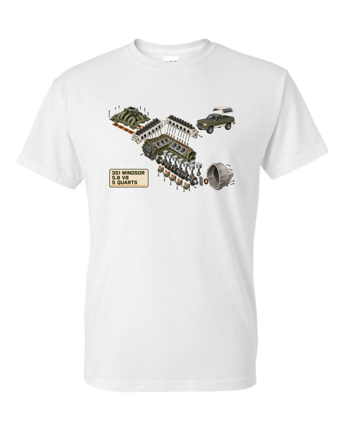 Exploded cutaway diagram of a 1992-96 Ford Bronco OBS engine bay with 351 WINDSOR 5.8 V8 notes white t-shirt front view with the design