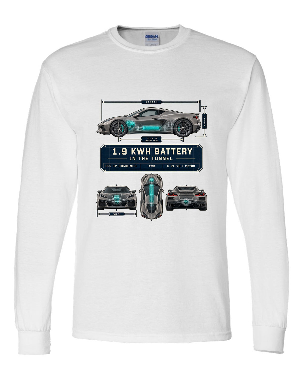 Dimension blueprint print of a Chevrolet Corvette C8 E-Ray with 1.9 kWh battery in the tunnel white long sleeve front view with the design
