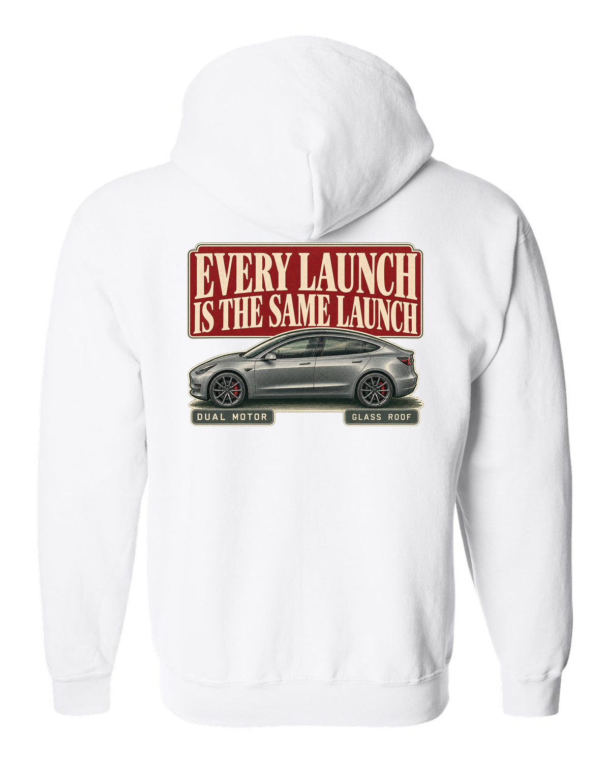 Tesla Model 3 Performance Editorial Headline Tee, 2018-2023 white zip hoodie back view with the design