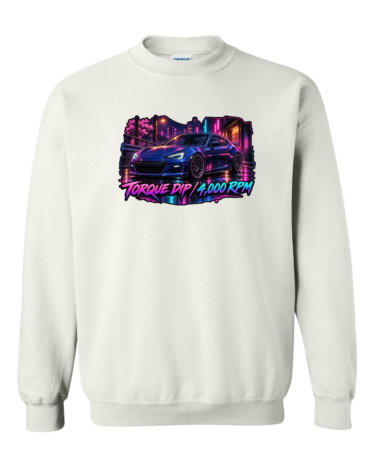 Spray-paint graffiti style Subaru BRZ ZD8 drifting with FA24 2.4L dip fixed text white crewneck front view with the design