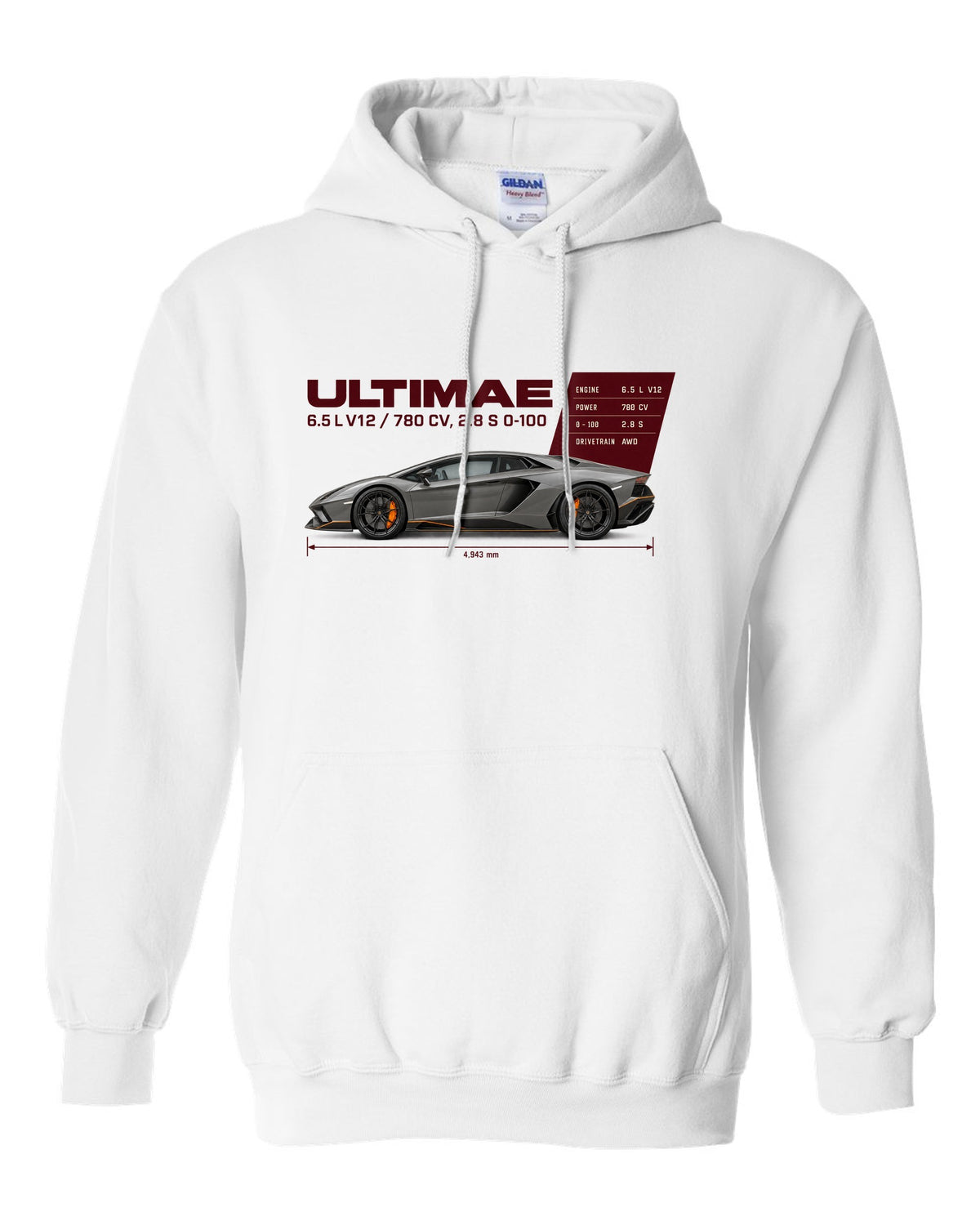 Spec poster print of the Lamborghini Aventador Ultimae with V12 figures white pull over hoodie front view with the design