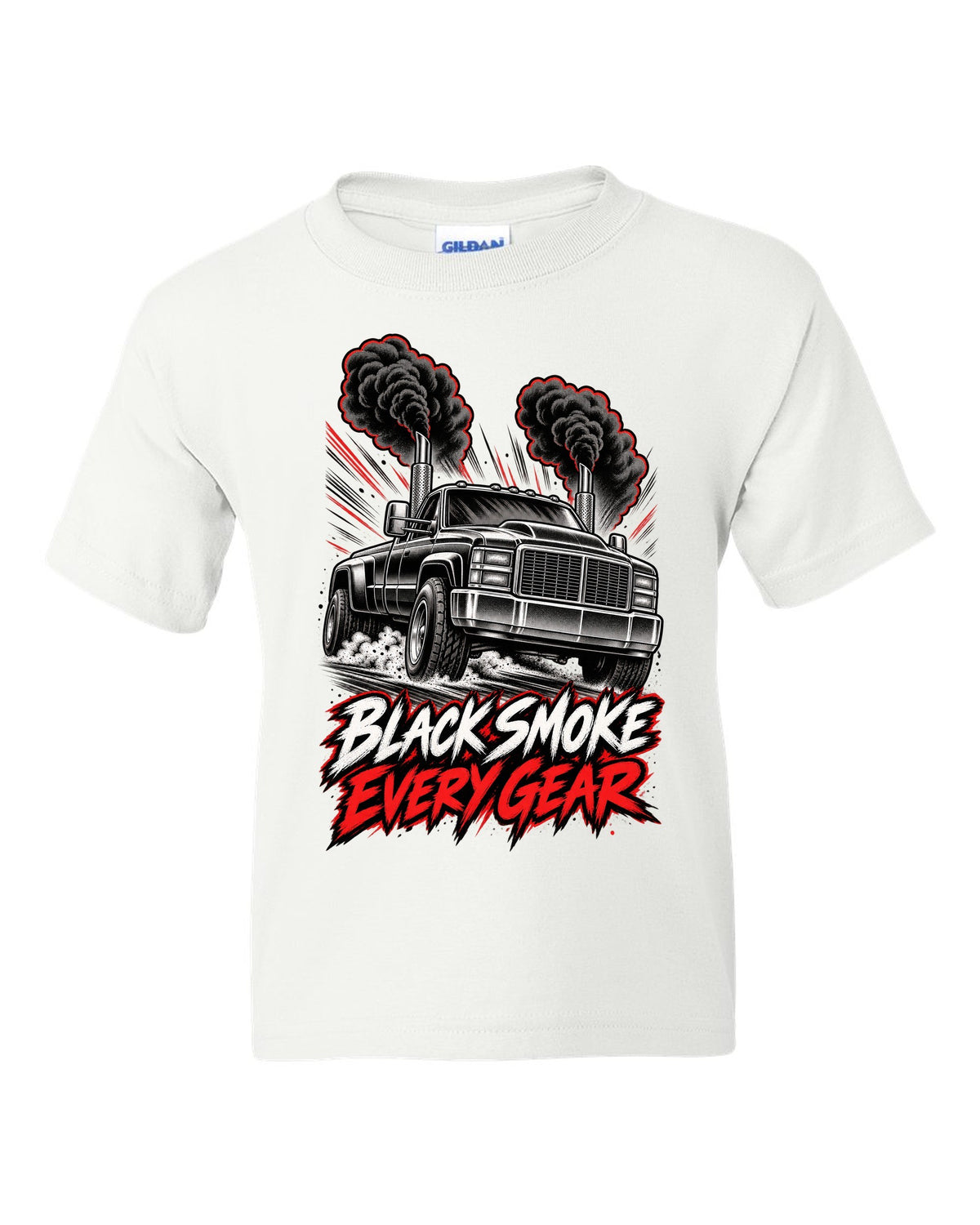 Retro manga halftone panel print of a 1994-1998 Dodge Ram 2500 12V Cummins with black smoke white kids tee front view with the design