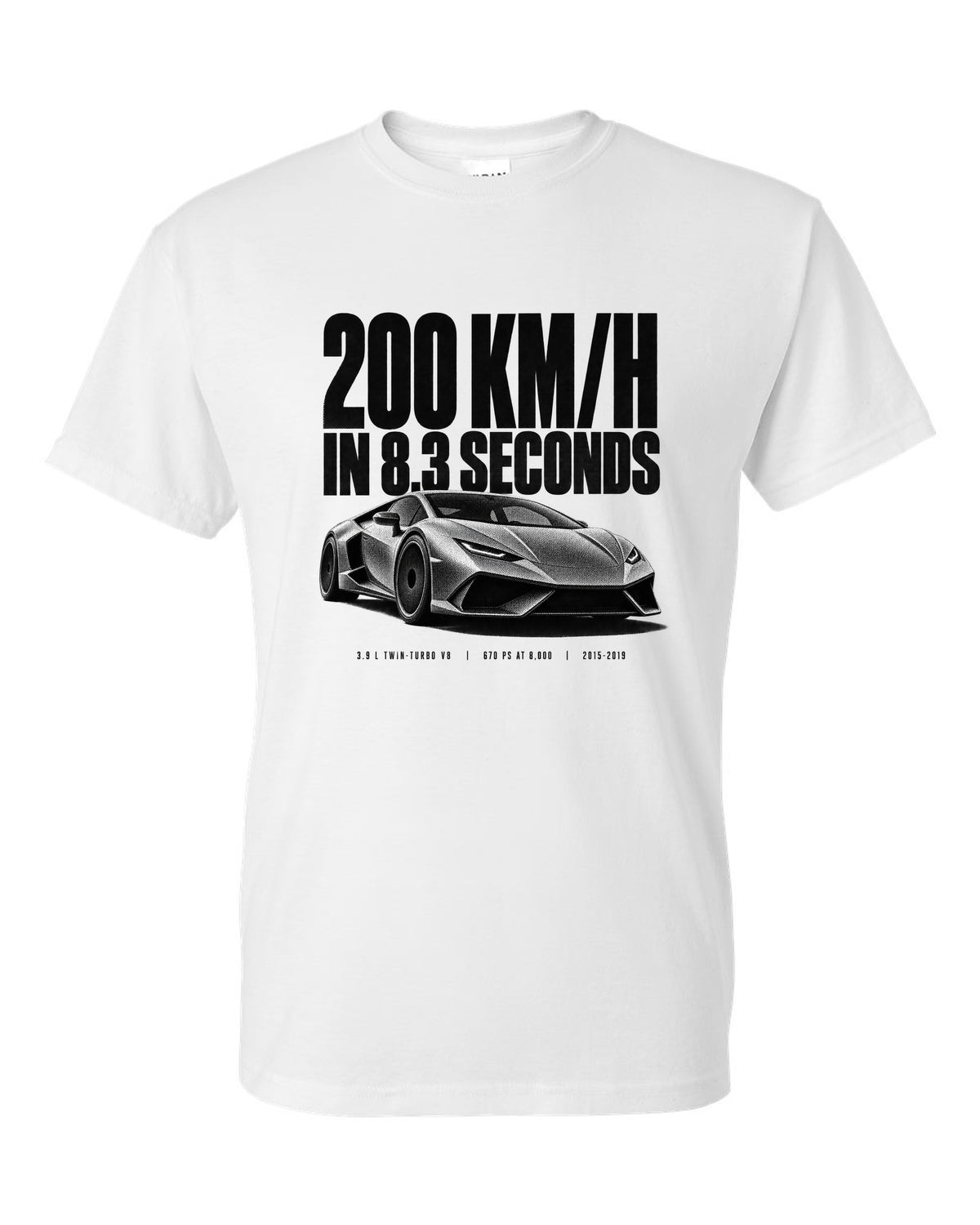 Halftone print of a Ferrari 488 GTB front three-quarter with the text 200 km/h in 8.3 seconds white t-shirt front view with the design